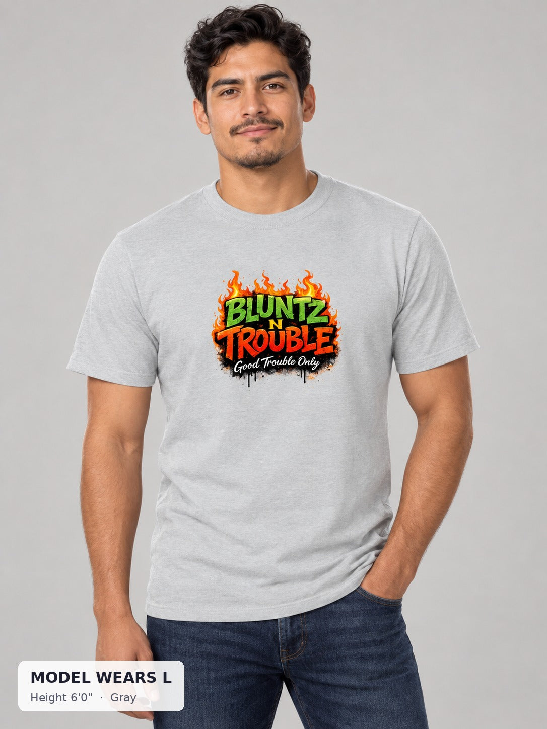 Bluntz N Trouble Tee in Gray on an athletic model wearing size L, 6'0" - Good Trouble Fashion