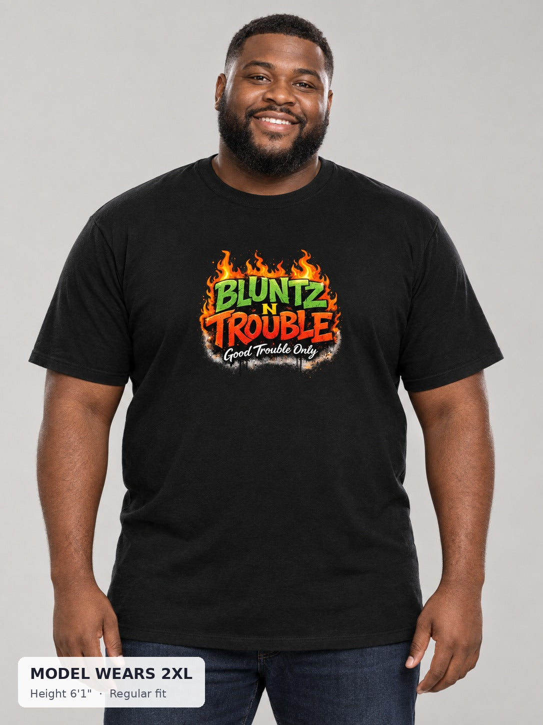 Bluntz N Trouble Tee on a plus-size model wearing size 2XL, 6'1" - Good Trouble Fashion