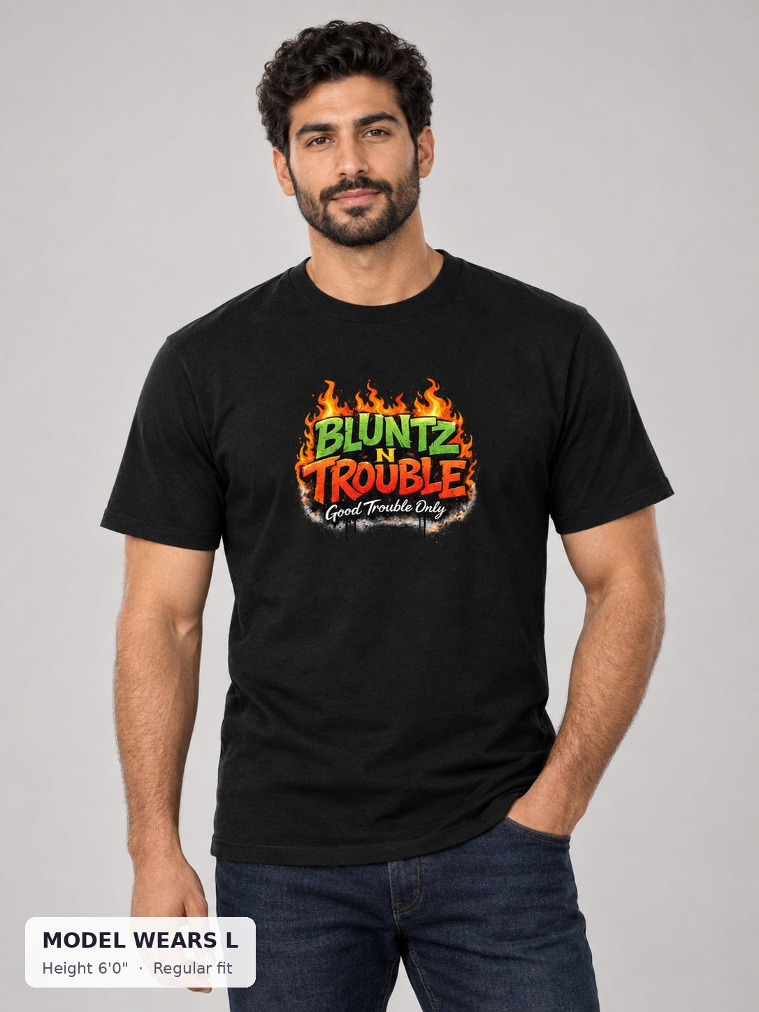 Bluntz N Trouble Tee on an athletic model wearing size L, 6'0" - Good Trouble Fashion