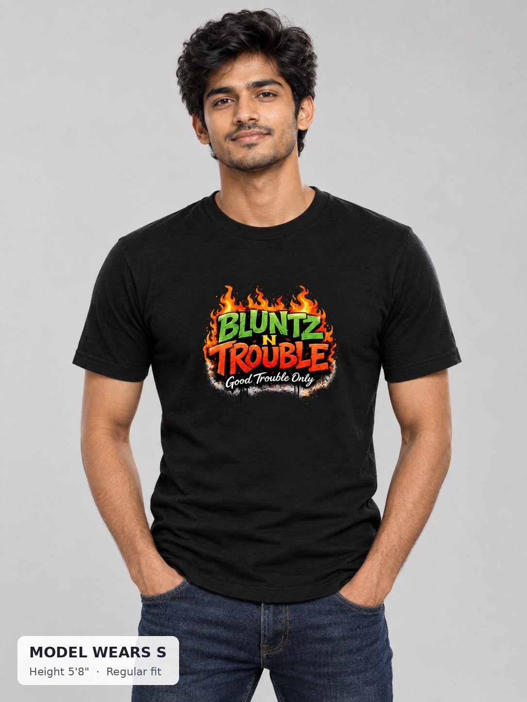 Bluntz N Trouble Tee on a slim model wearing size S, 5'8" - Good Trouble Fashion