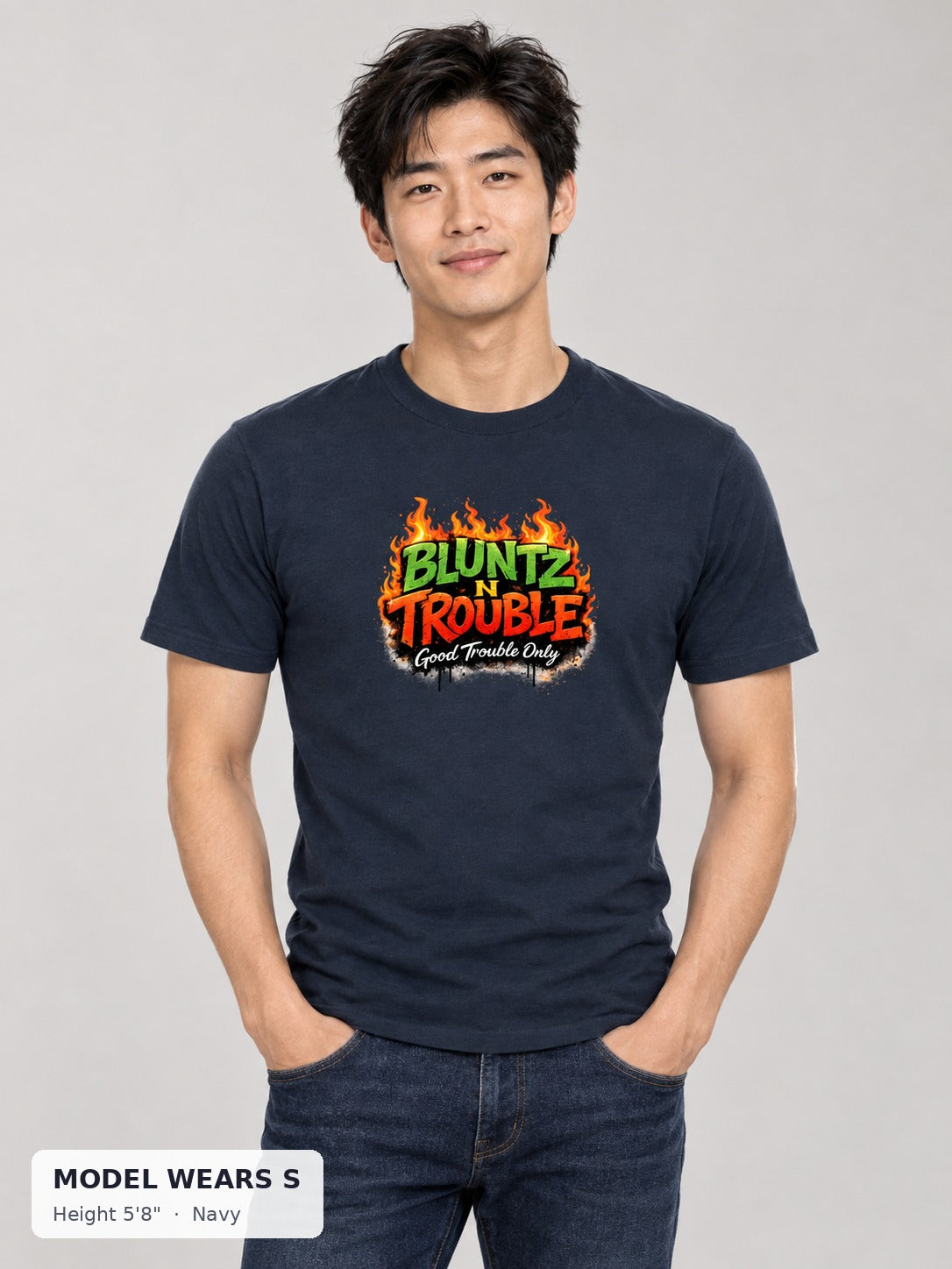 Bluntz N Trouble Tee in Navy on a slim model wearing size S, 5'8" - Good Trouble Fashion