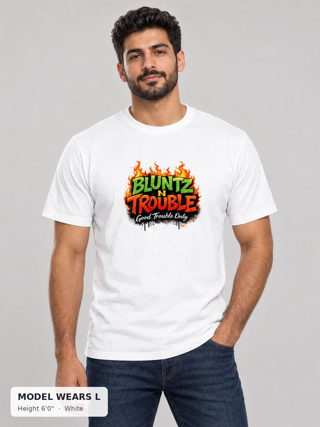 Bluntz N Trouble Tee in White on an athletic model wearing size L, 6'0" - Good Trouble Fashion