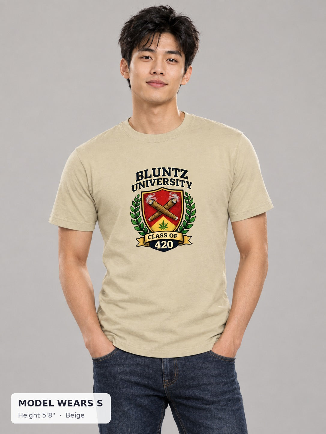 Bluntz University Tee in Beige on a slim model wearing size S, 5'8" - Good Trouble Fashion
