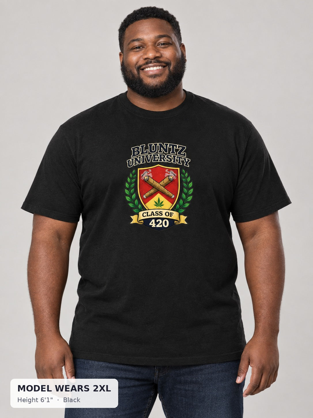Bluntz University Tee in Black on a plus-size model wearing size 2XL, 6'1" - Good Trouble Fashion