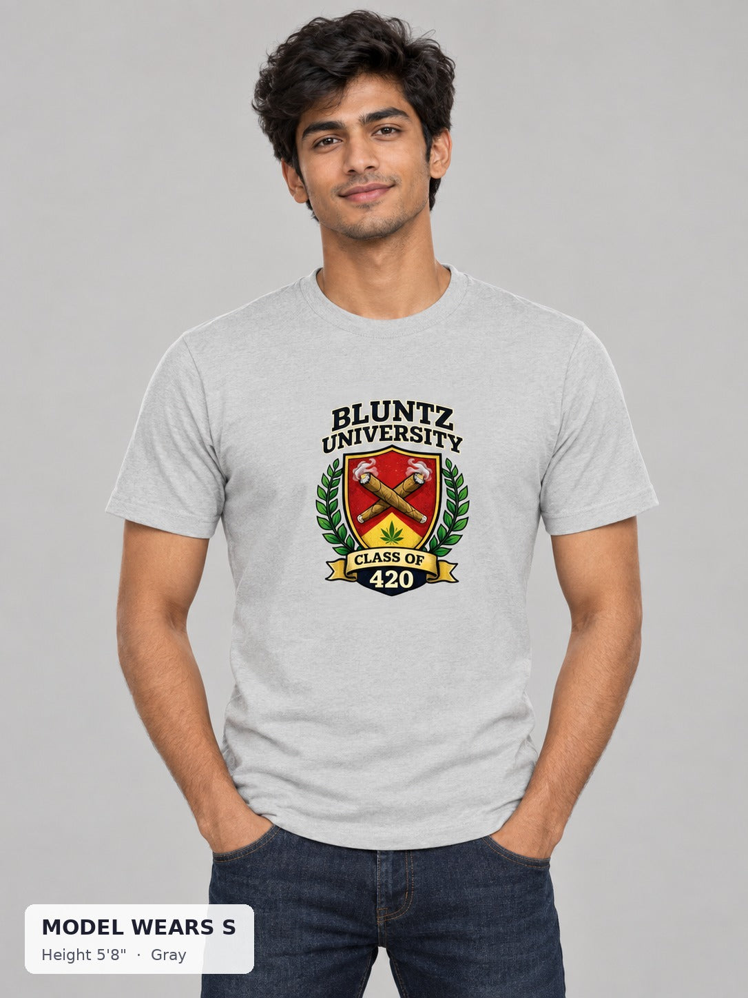 Bluntz University Tee in Gray on a slim model wearing size S, 5'8" - Good Trouble Fashion