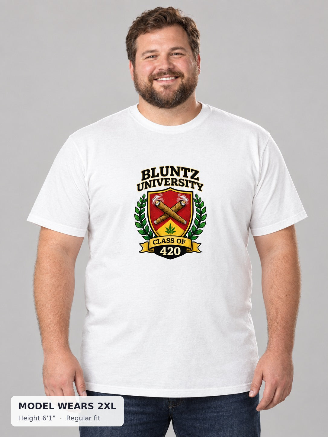 Bluntz University Tee on a plus-size model wearing size 2XL, 6'1" - Good Trouble Fashion