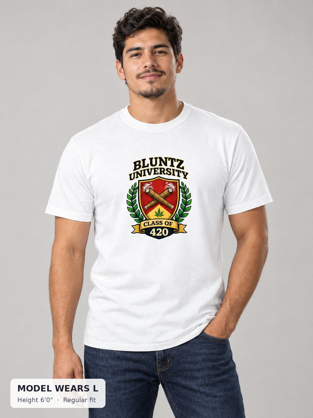 Bluntz University Tee on an athletic model wearing size L, 6'0" - Good Trouble Fashion