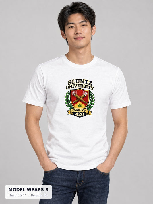 Bluntz University Tee on a slim model wearing size S, 5'8" - Good Trouble Fashion