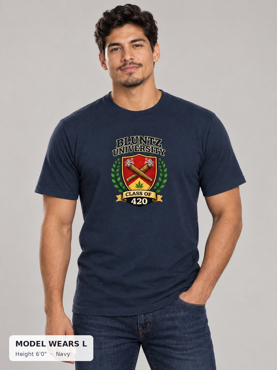 Bluntz University Tee in Navy on an athletic model wearing size L, 6'0" - Good Trouble Fashion