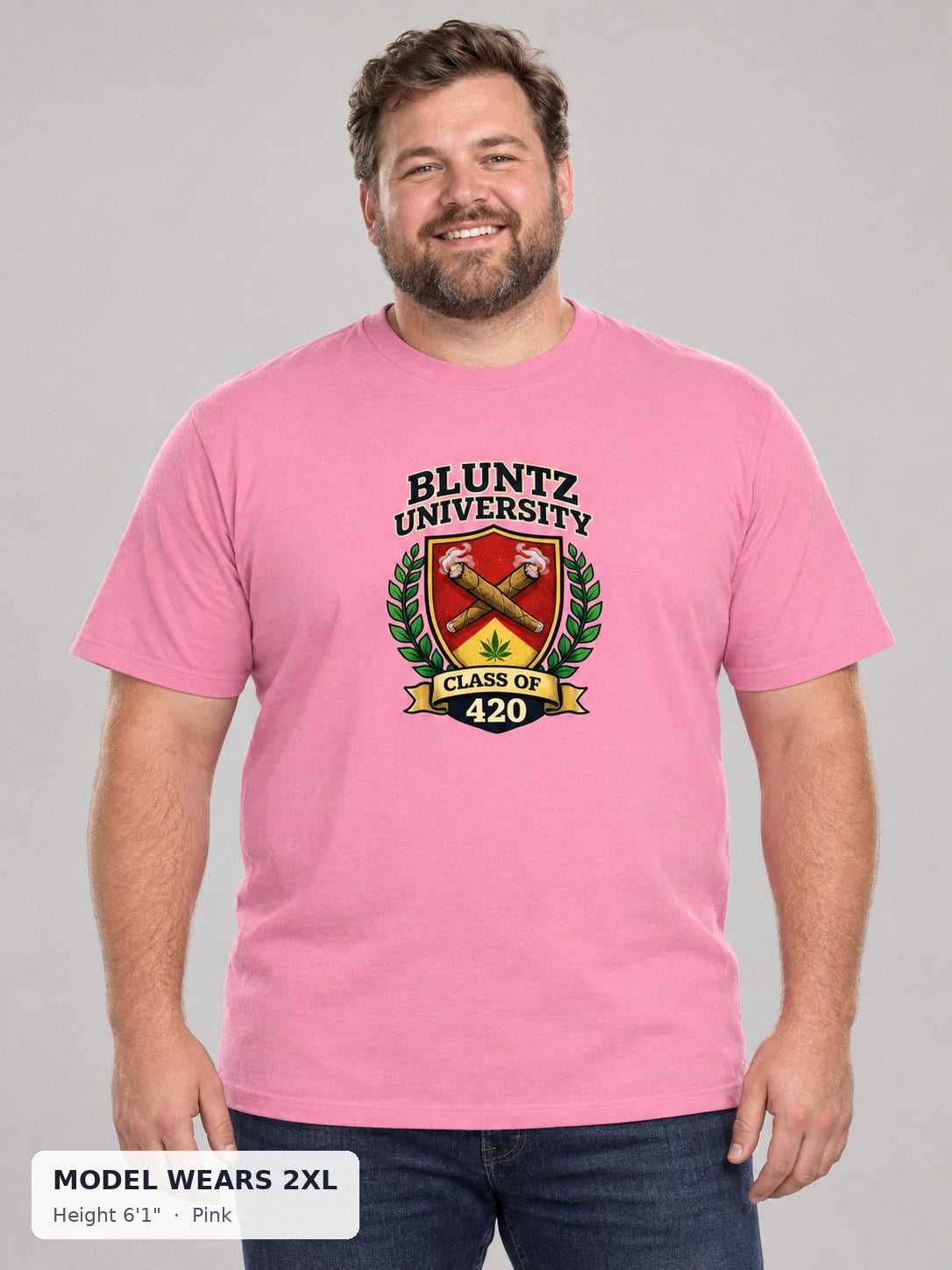 Bluntz University Tee in Pink on a plus-size model wearing size 2XL, 6'1" - Good Trouble Fashion