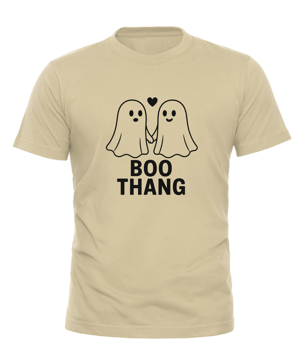 Good Trouble Garments boo thang graphic tee with two cute ghosts holding hands and heart design