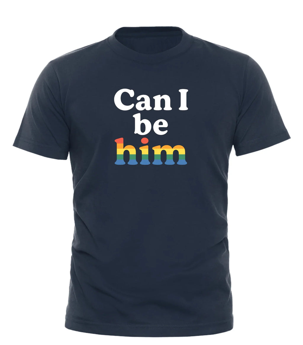 Good Trouble Garments navy Can I Be Him shirt with multicolor text design
