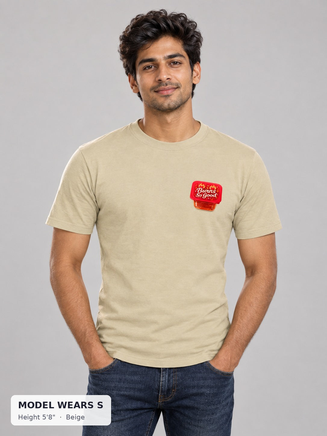 Burns So Good Hot Sauce Tee in Beige on a slim model wearing size S, 5'8" - Good Trouble Fashion