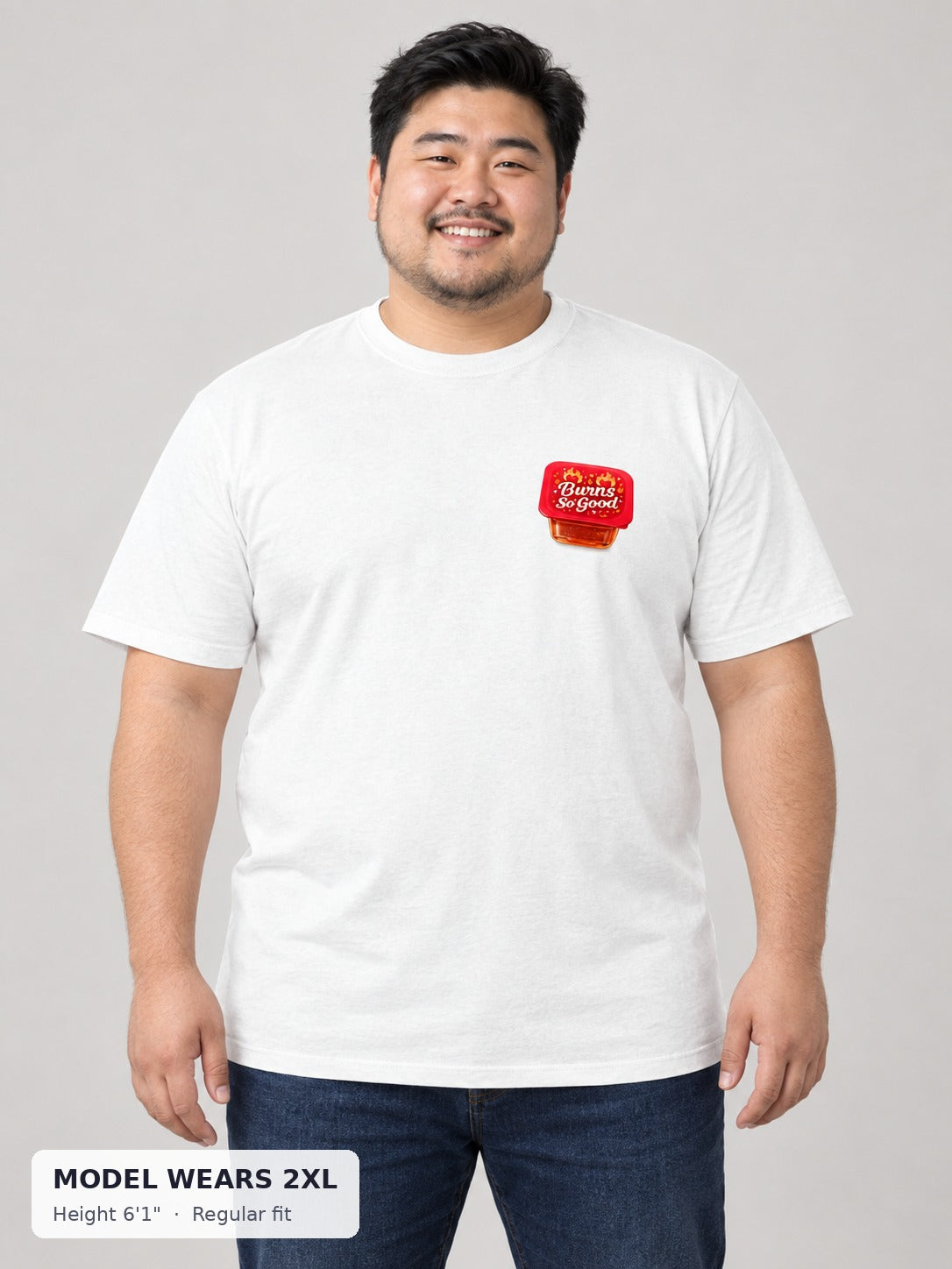 Burns So Good Hot Sauce Tee on a plus-size model wearing size 2XL, 6'1" - Good Trouble Fashion