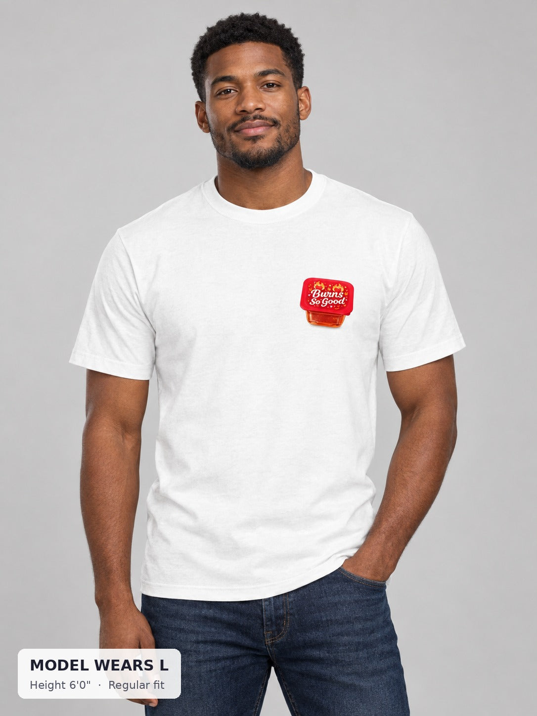 Burns So Good Hot Sauce Tee on an athletic model wearing size L, 6'0" - Good Trouble Fashion