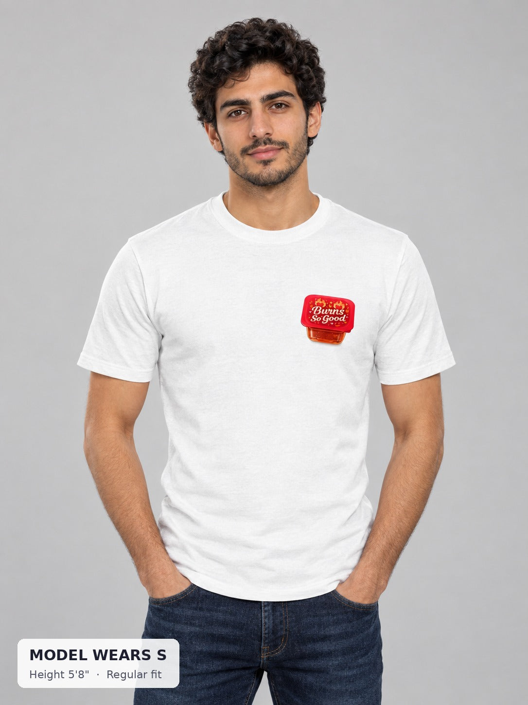 Burns So Good Hot Sauce Tee on a slim model wearing size S, 5'8" - Good Trouble Fashion
