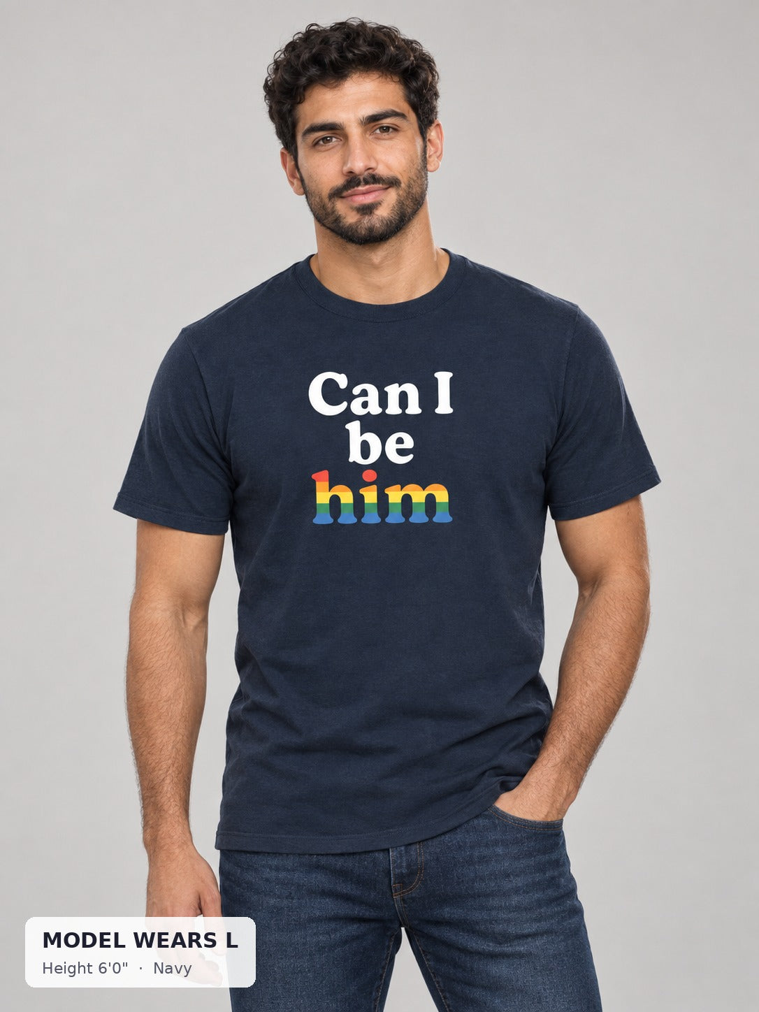 Can I Be Him Rainbow Tee in Navy on an athletic model wearing size L, 6'0" - Good Trouble Fashion