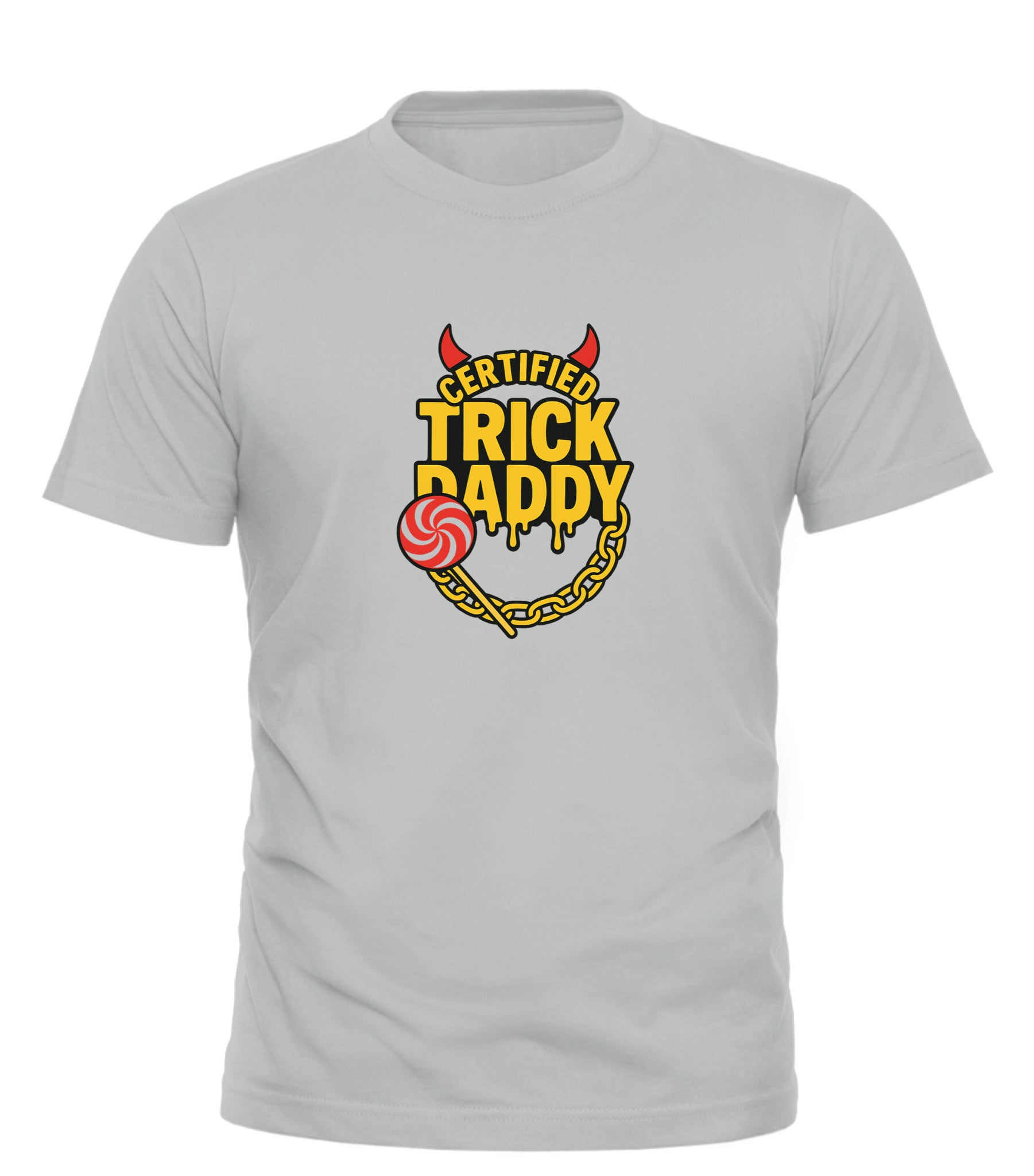 Light gray certified trick daddy shirt with yellow and red graphic design by Good Trouble Garments