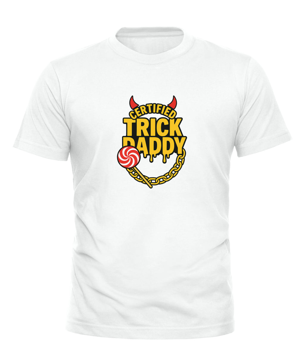 White Good Trouble Garments certified trick daddy shirt with bold yellow and red graphic design