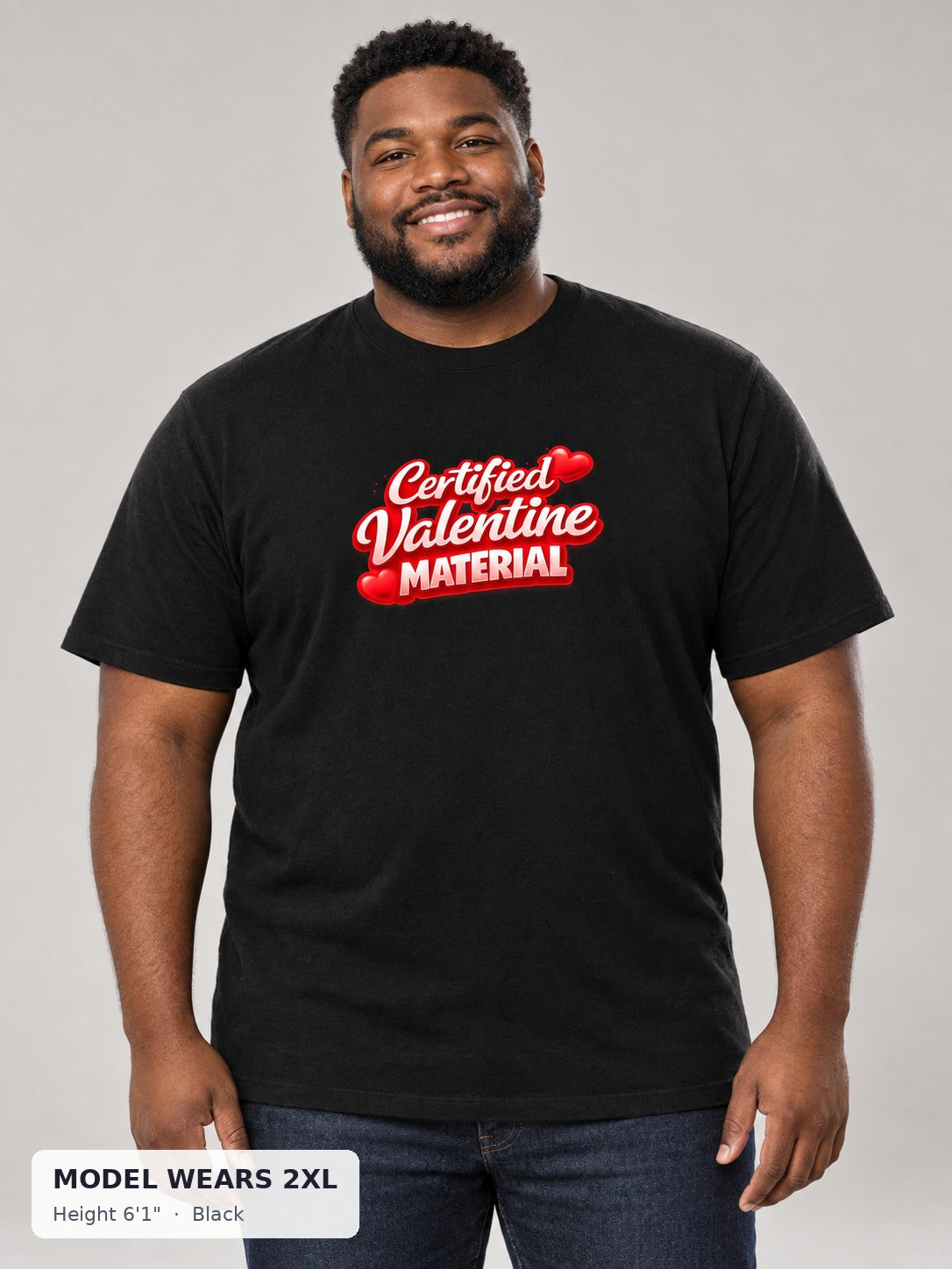 Certified Valentine Tee in Black on a plus-size model wearing size 2XL, 6'1" - Good Trouble Fashion