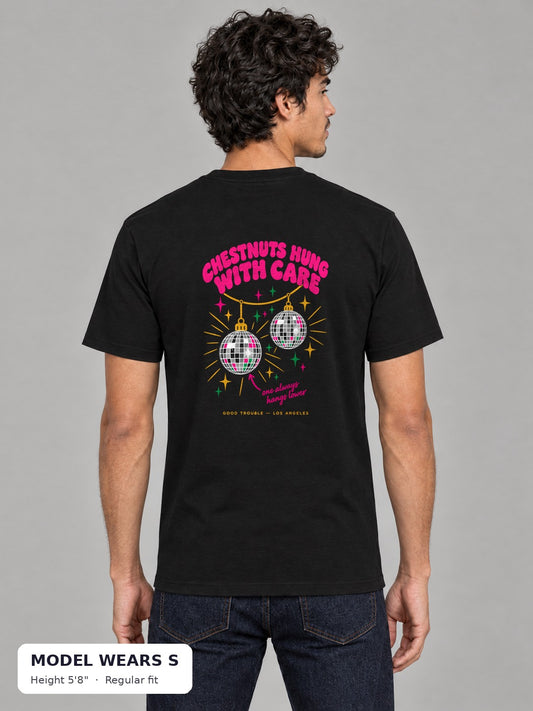 Chestnuts Hung With Care Tee in Black, back view, on a slim model wearing size S, 5'8" - Good Trouble Fashion