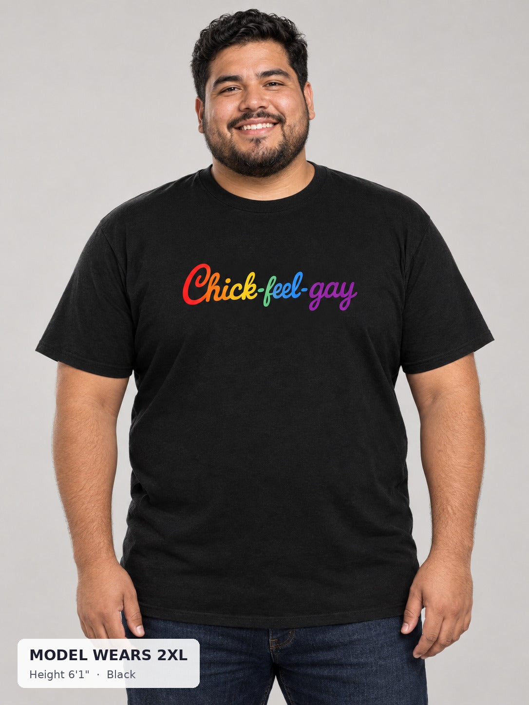 Chic-Feel Gay Pride Tee in Black on a plus-size model wearing size 2XL, 6'1" - Good Trouble Fashion