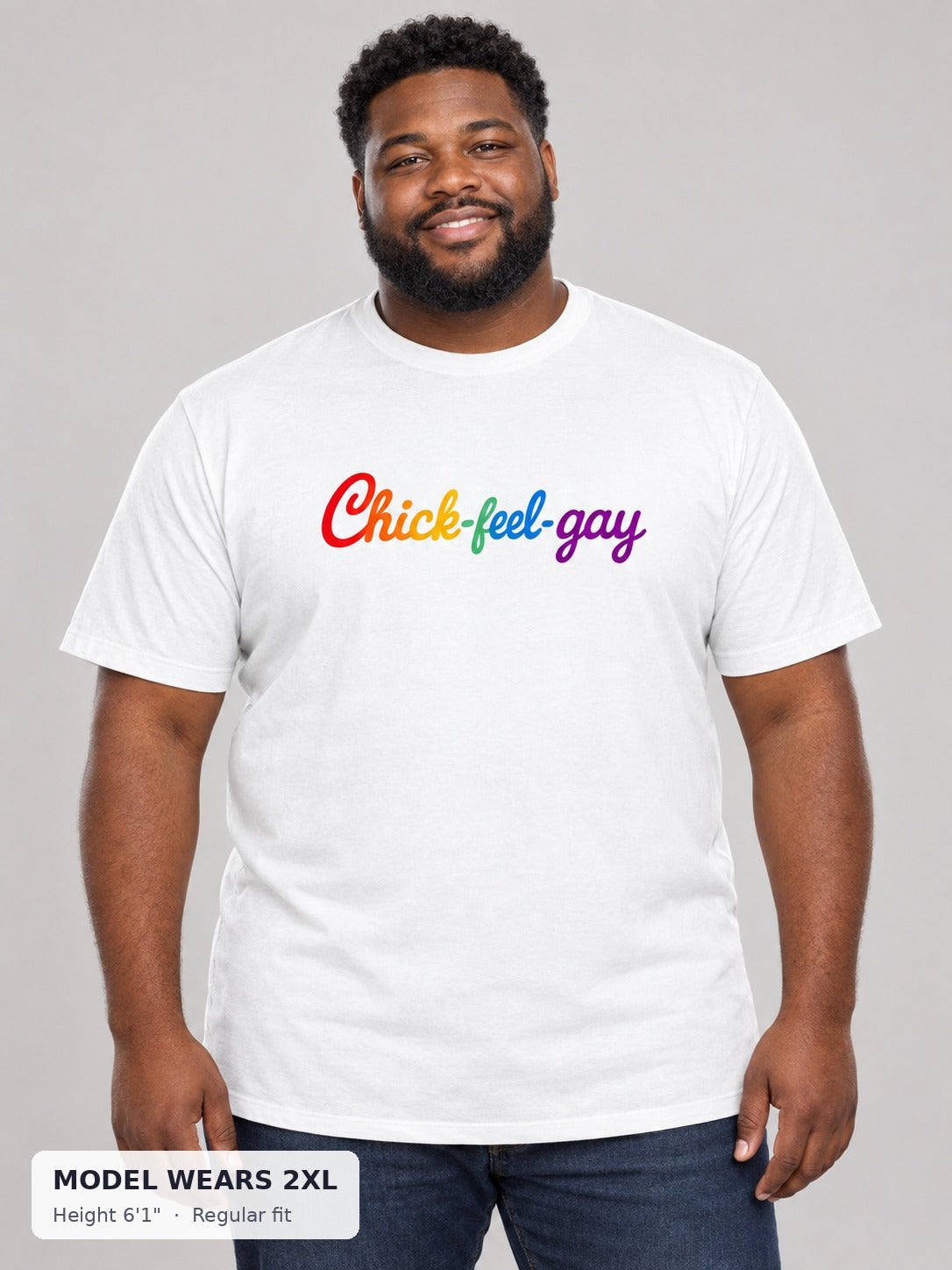 Chic-Feel Gay Pride Tee on a plus-size model wearing size 2XL, 6'1" - Good Trouble Fashion