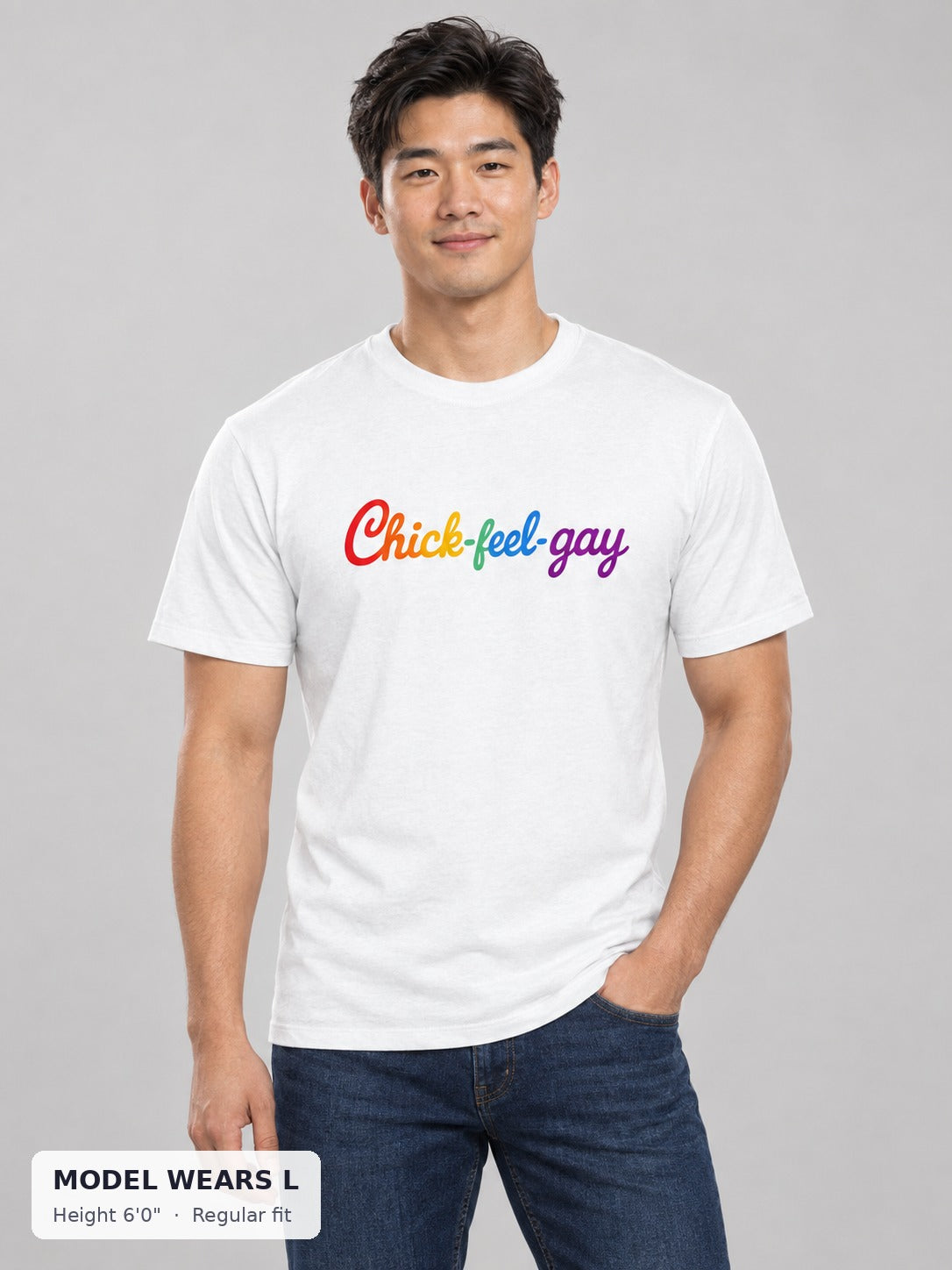 Chic-Feel Gay Pride Tee on an athletic model wearing size L, 6'0" - Good Trouble Fashion