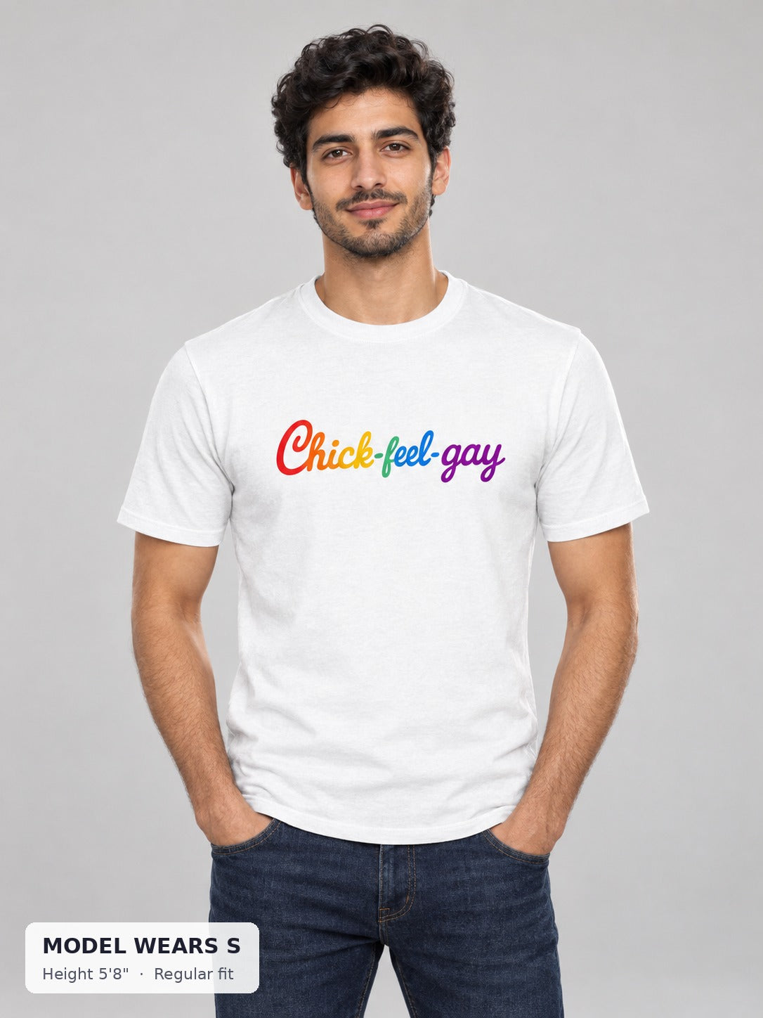 Chic-Feel Gay Pride Tee on a slim model wearing size S, 5'8" - Good Trouble Fashion