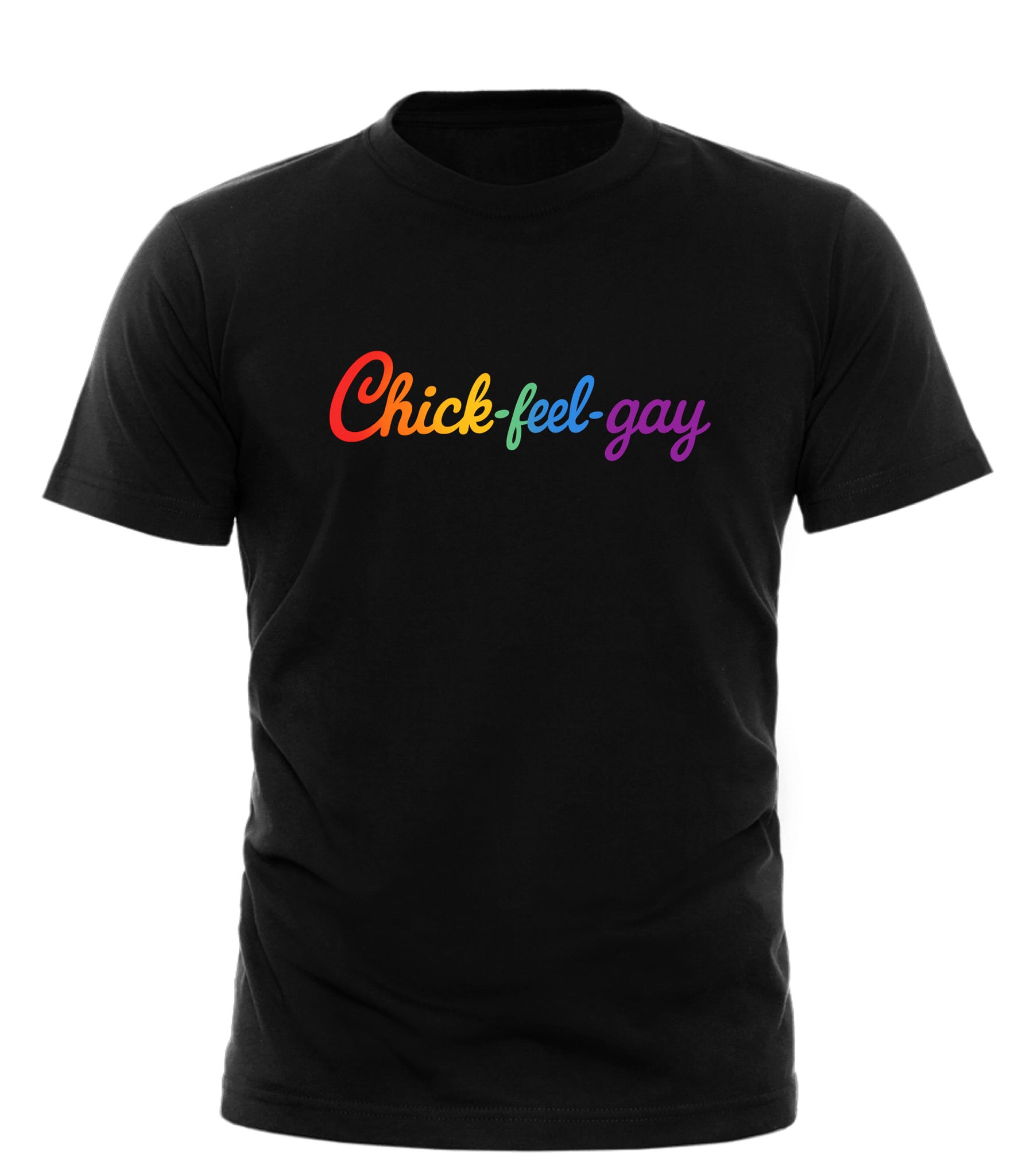 Black Chick-feel-gay graphic tee from Good Trouble Garments with colorful text design
