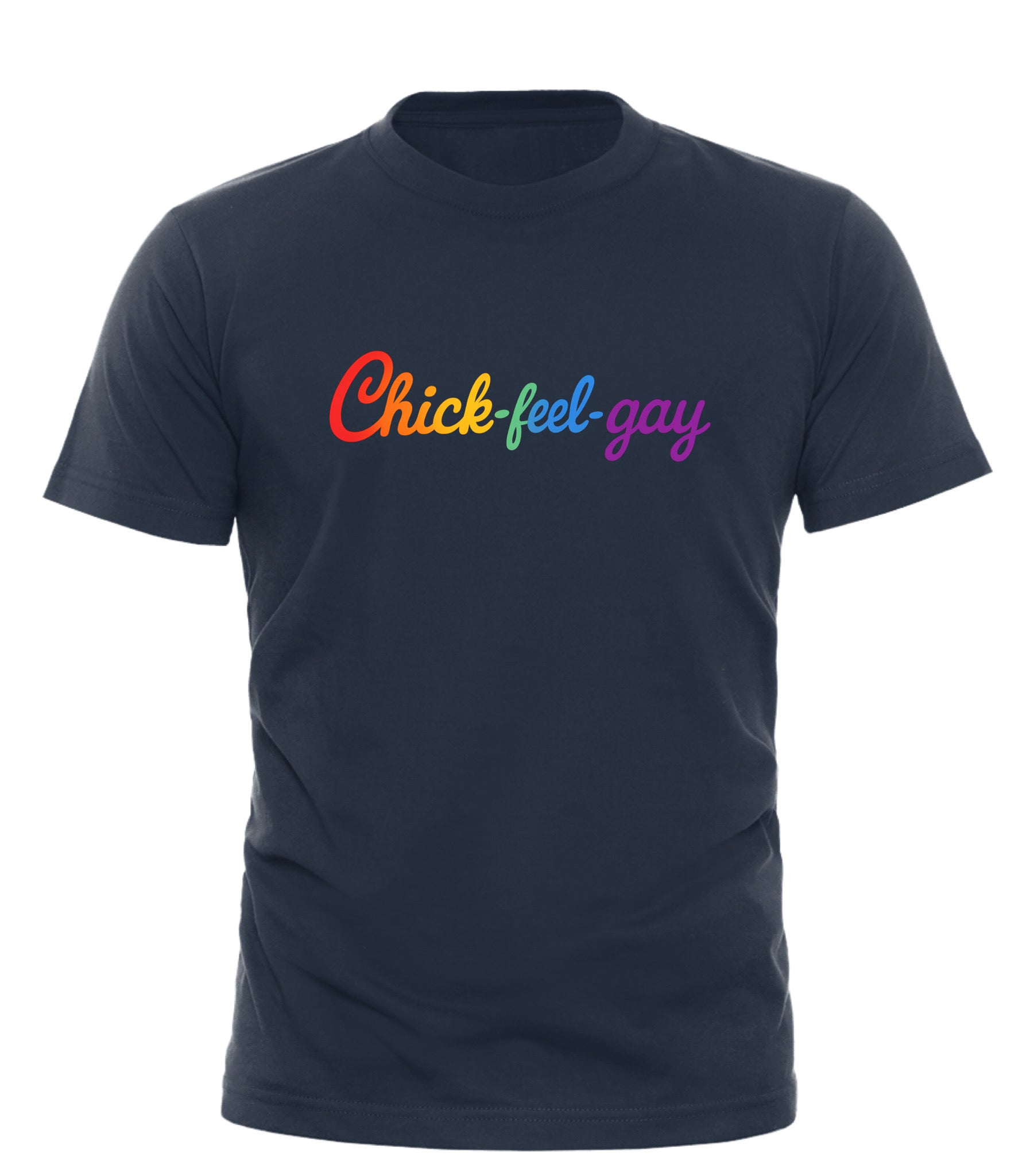 Good Trouble Garments navy Chick-feel-gay graphic tee with colorful text design