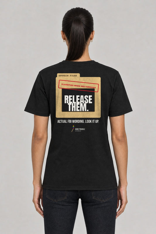 Classified When See-Through Epstein Files Tee in Black, back view showing the CLASSIFIED WHEN SEE-THROUGH folder back print, on a slim model wearing size S, 5'8" - Good Trouble Fashion