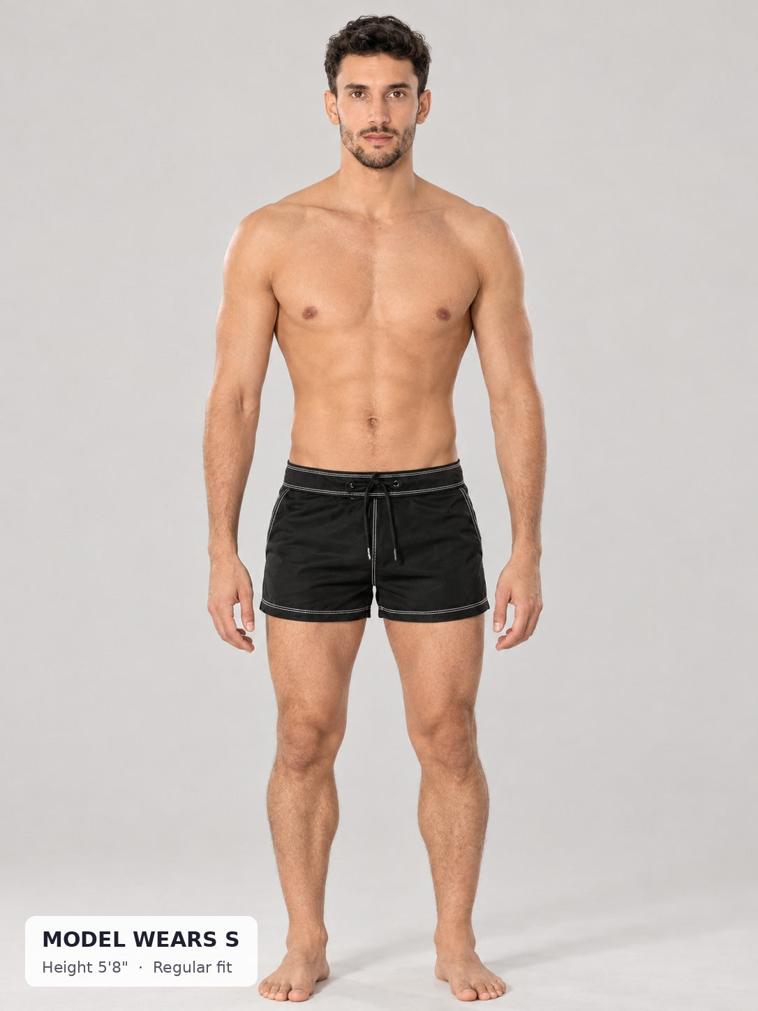 Black CODE 22 Motion Mini Shorts on a slim model wearing size S, 5'8"