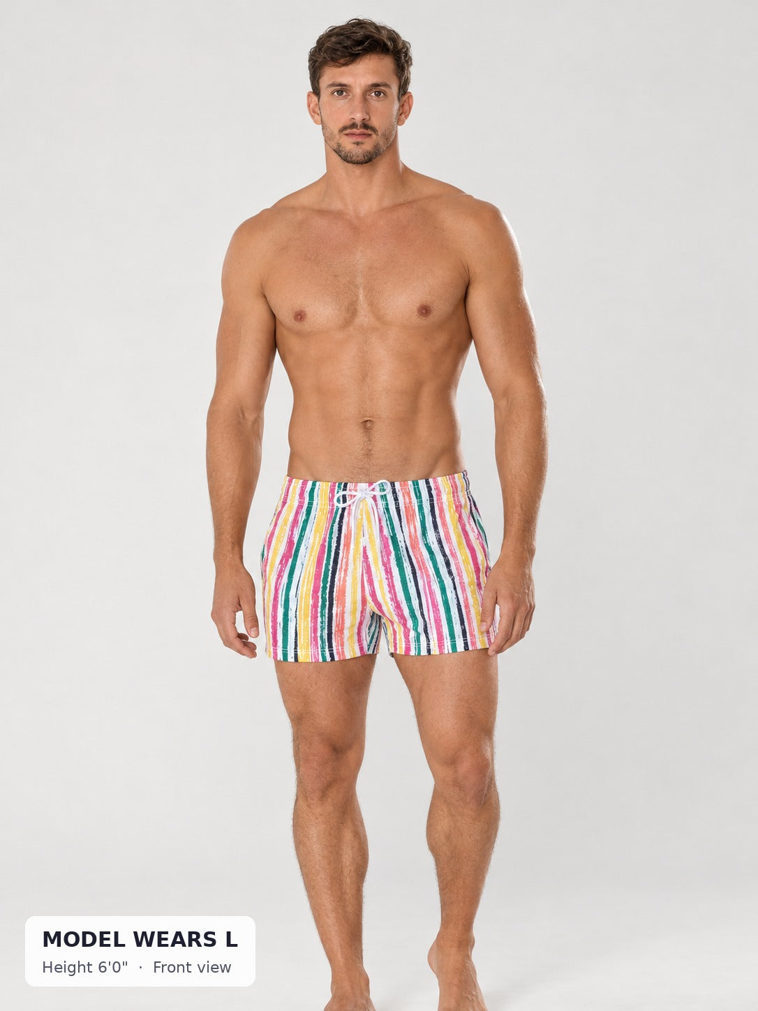CODE 22 Swim Shorts in a multicolor stripe print on an athletic model wearing size L, 6'0", front view