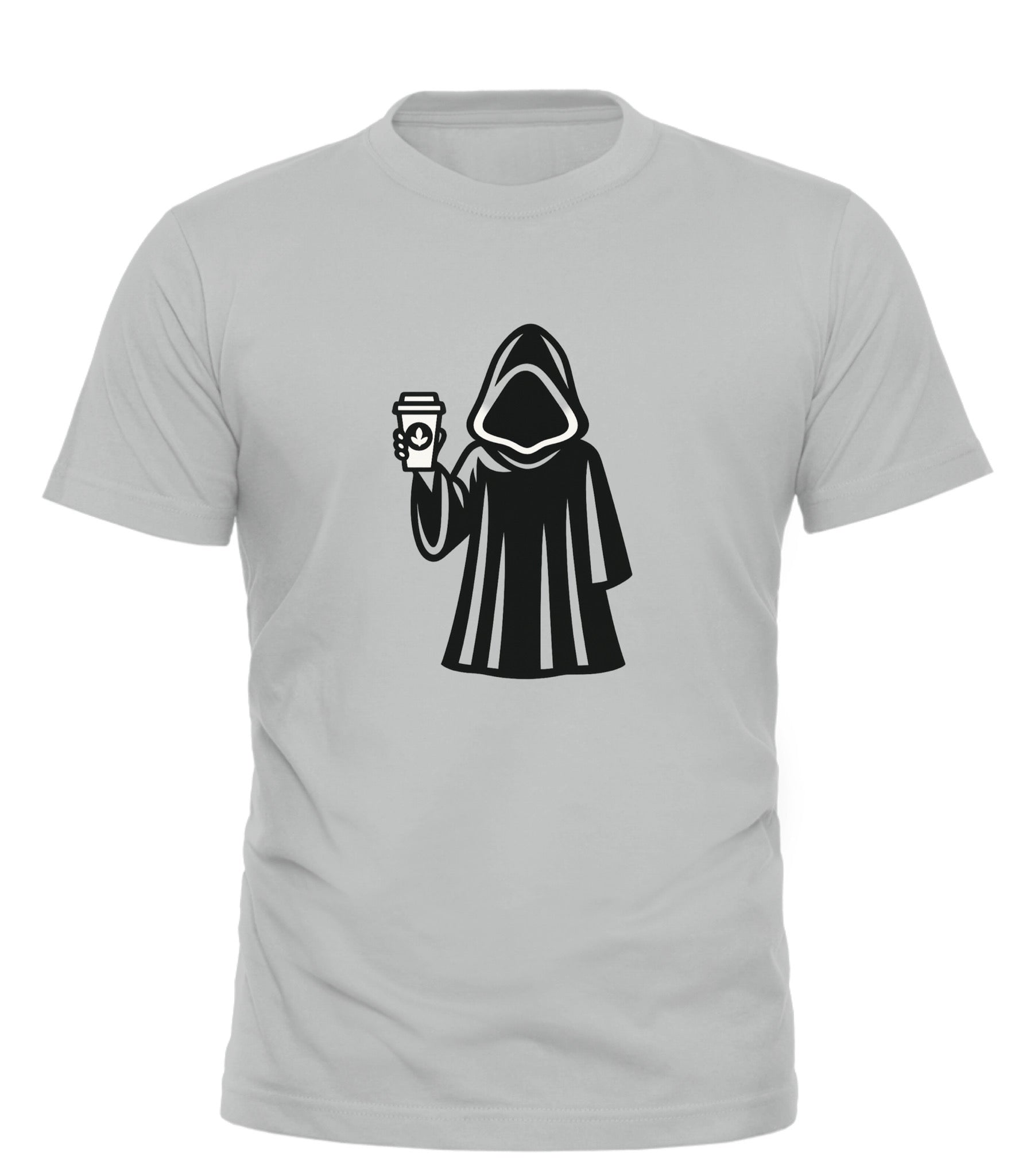 Light gray coffee demon t-shirt with black hooded figure holding a coffee cup graphic