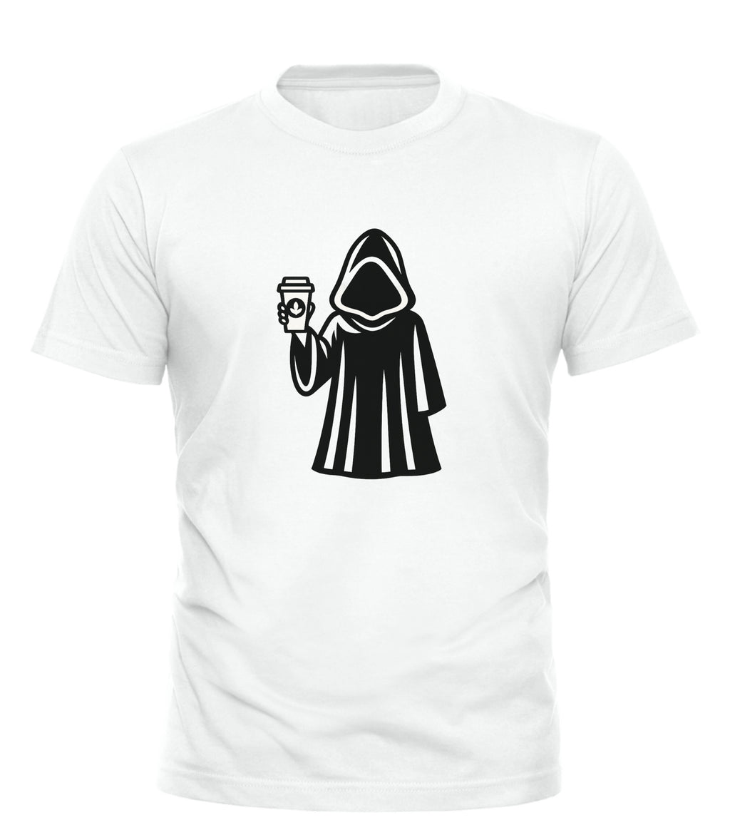 Good Trouble Garments coffee demon t-shirt with black hooded figure holding a coffee cup on white fabric
