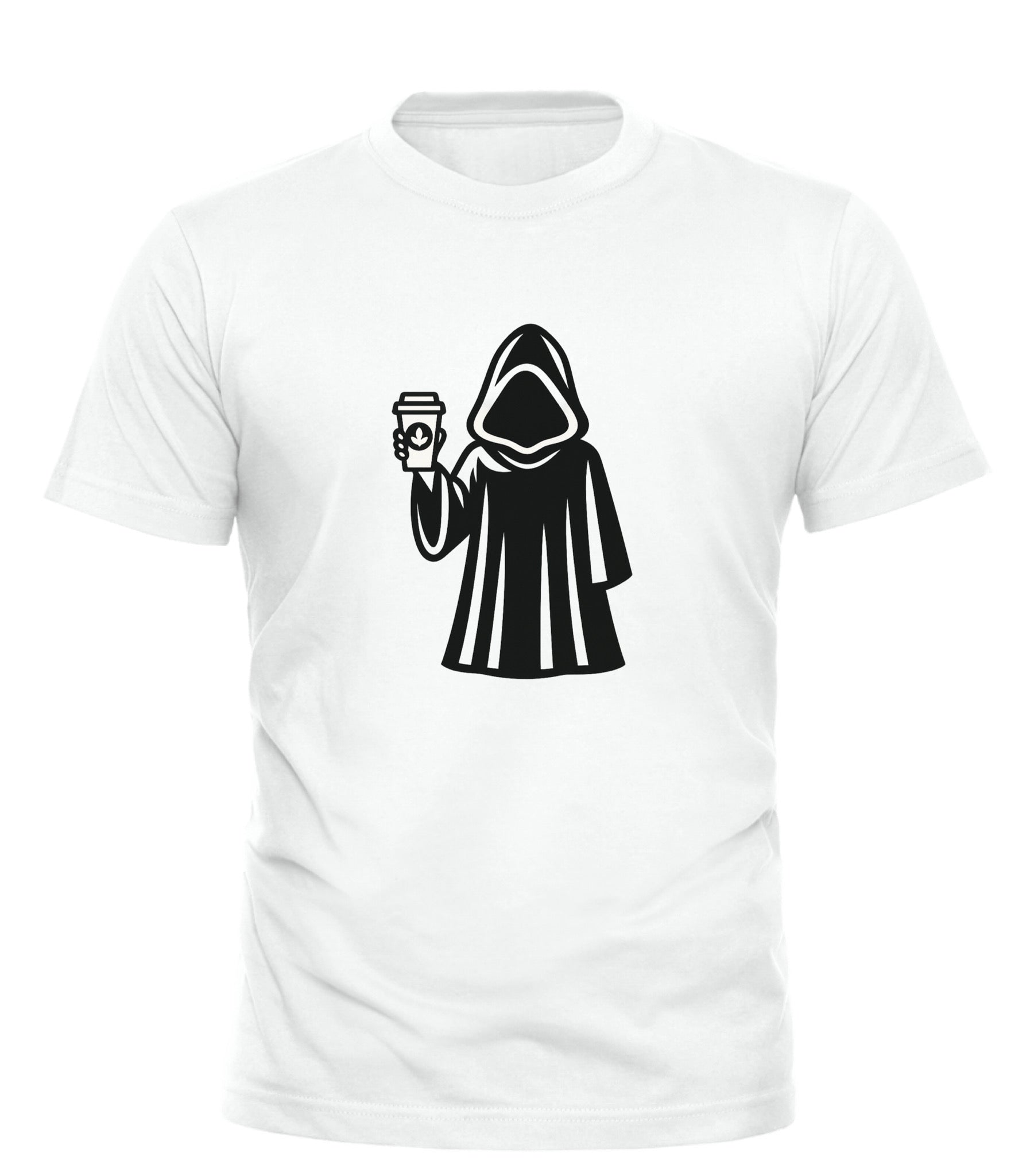 Good Trouble Garments coffee demon t-shirt with black hooded figure holding a coffee cup on white fabric