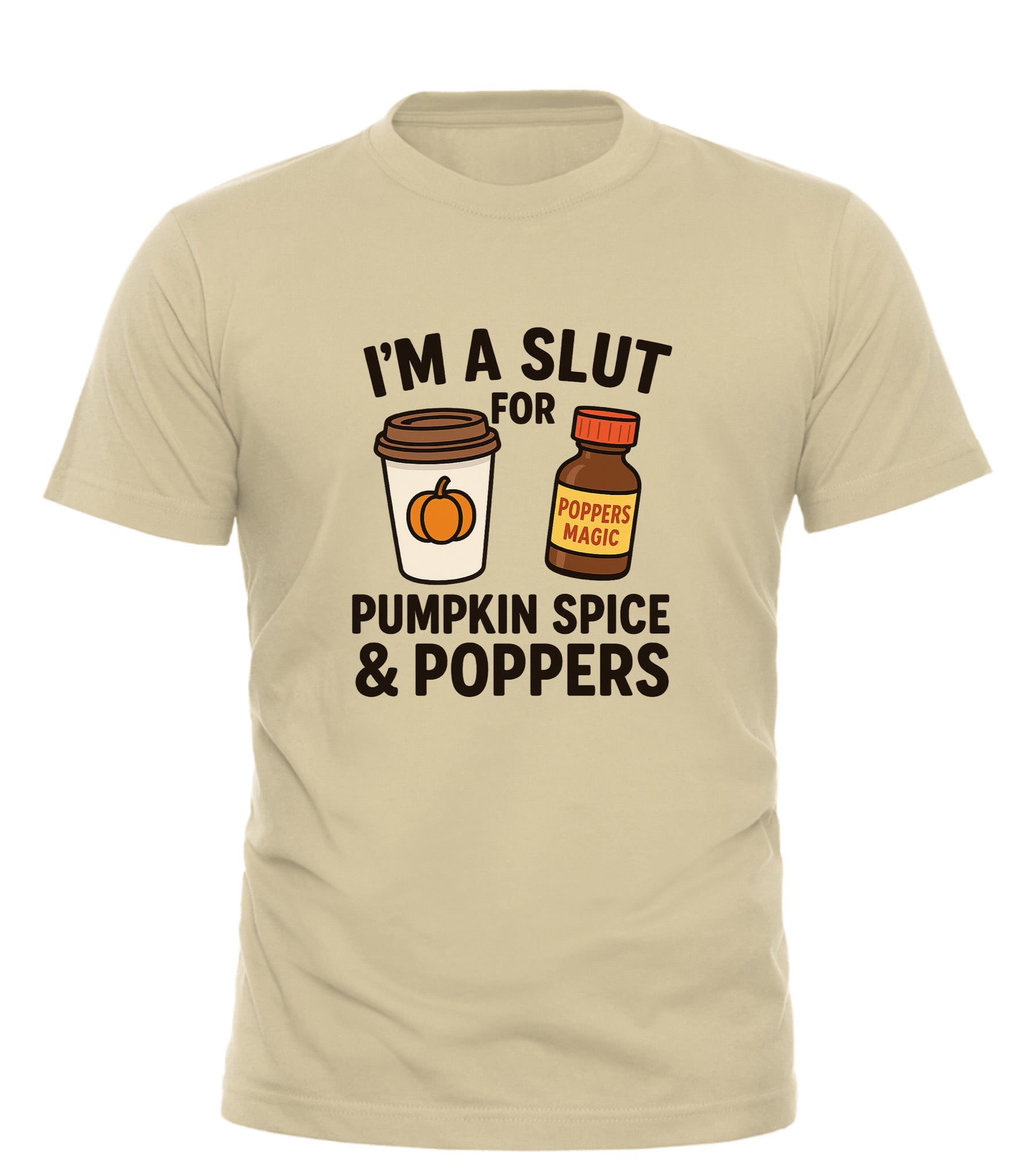 Good Trouble Garments pumpkin spice and poppers tee with coffee cup and poppers bottle graphic in beige