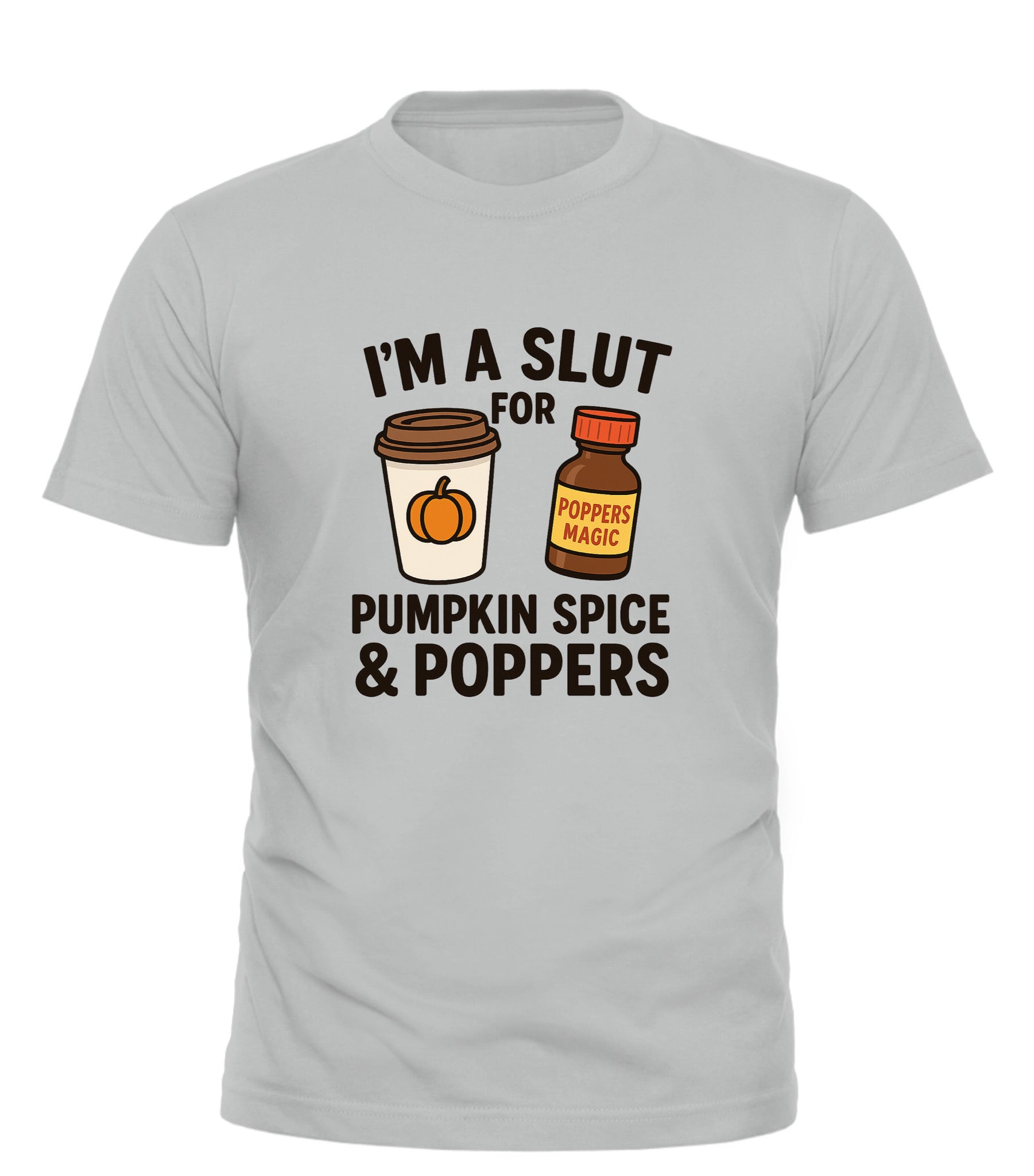 Good Trouble Garments pumpkin spice and poppers tee with coffee cup and poppers bottle graphic in grey