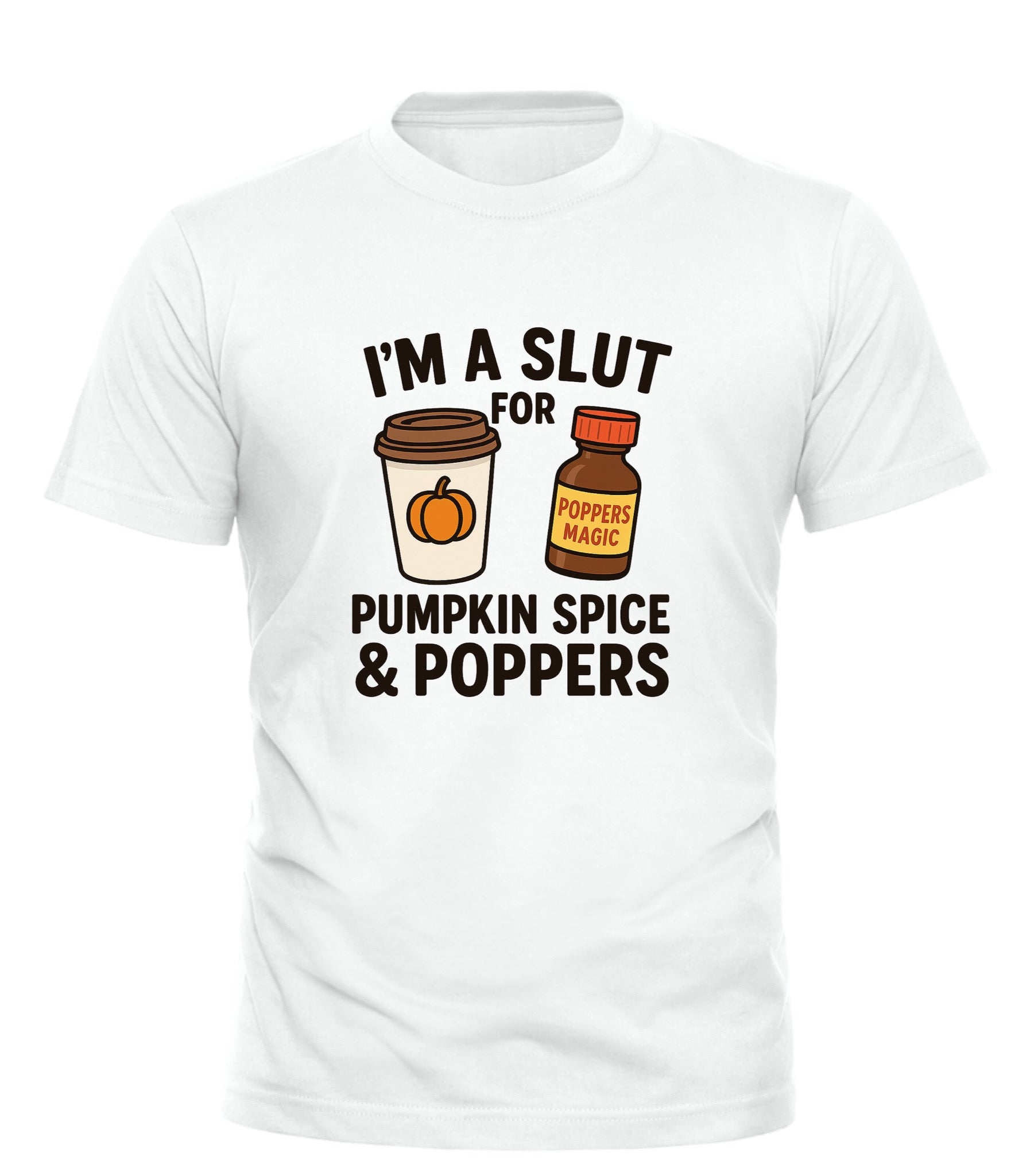 Good Trouble Garments pumpkin spice and poppers tee white shirt with coffee cup and poppers bottle graphic in white