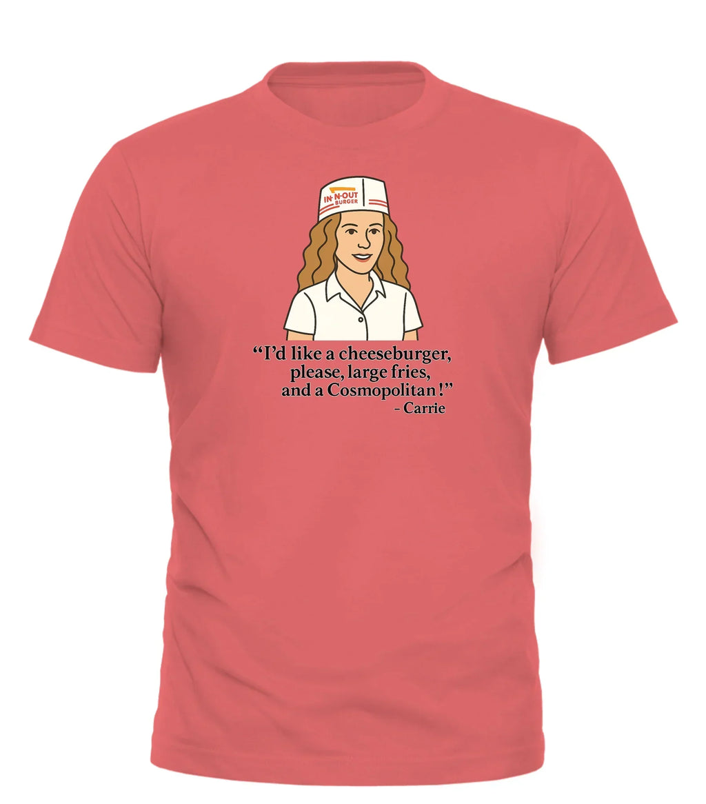 Cosmo Meal of Champs graphic tee in coral featuring a fun food quote and illustration