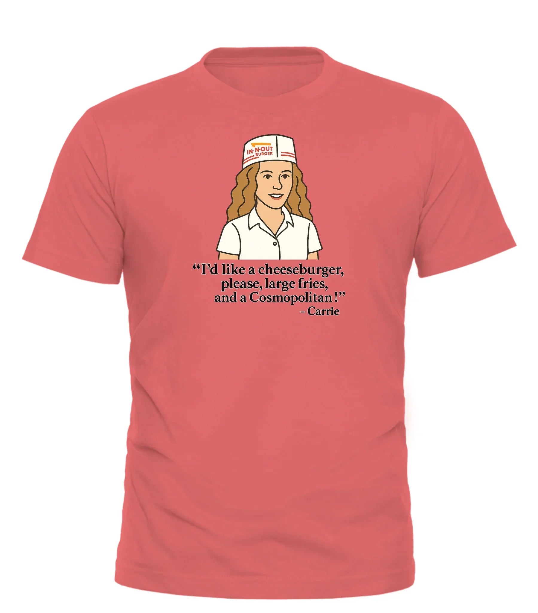 Cosmo Meal of Champs graphic tee in coral featuring a fun food quote and illustration