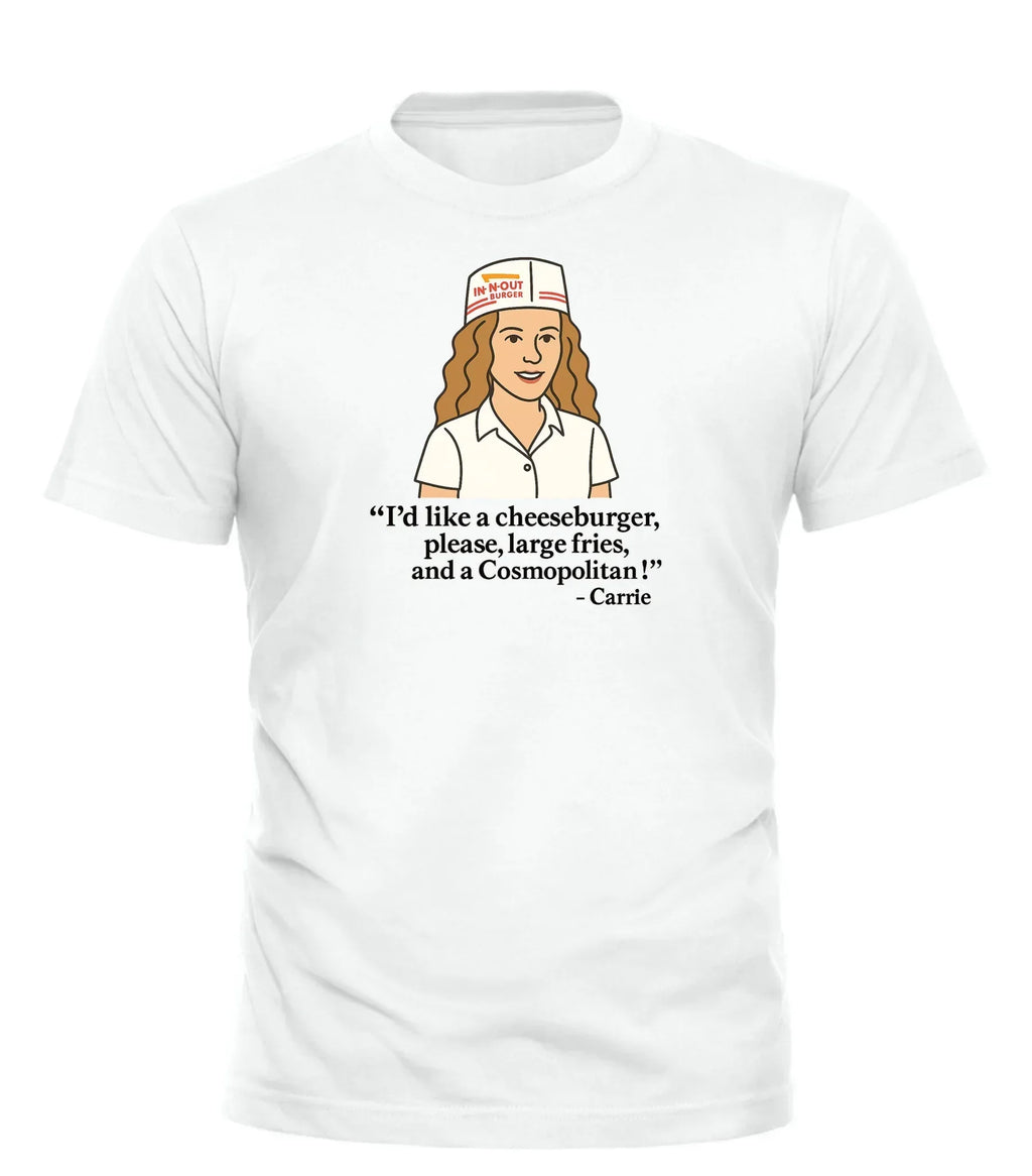 Cosmo Meal of Champs graphic tee featuring a character asking for a cheeseburger and a Cosmopolitan