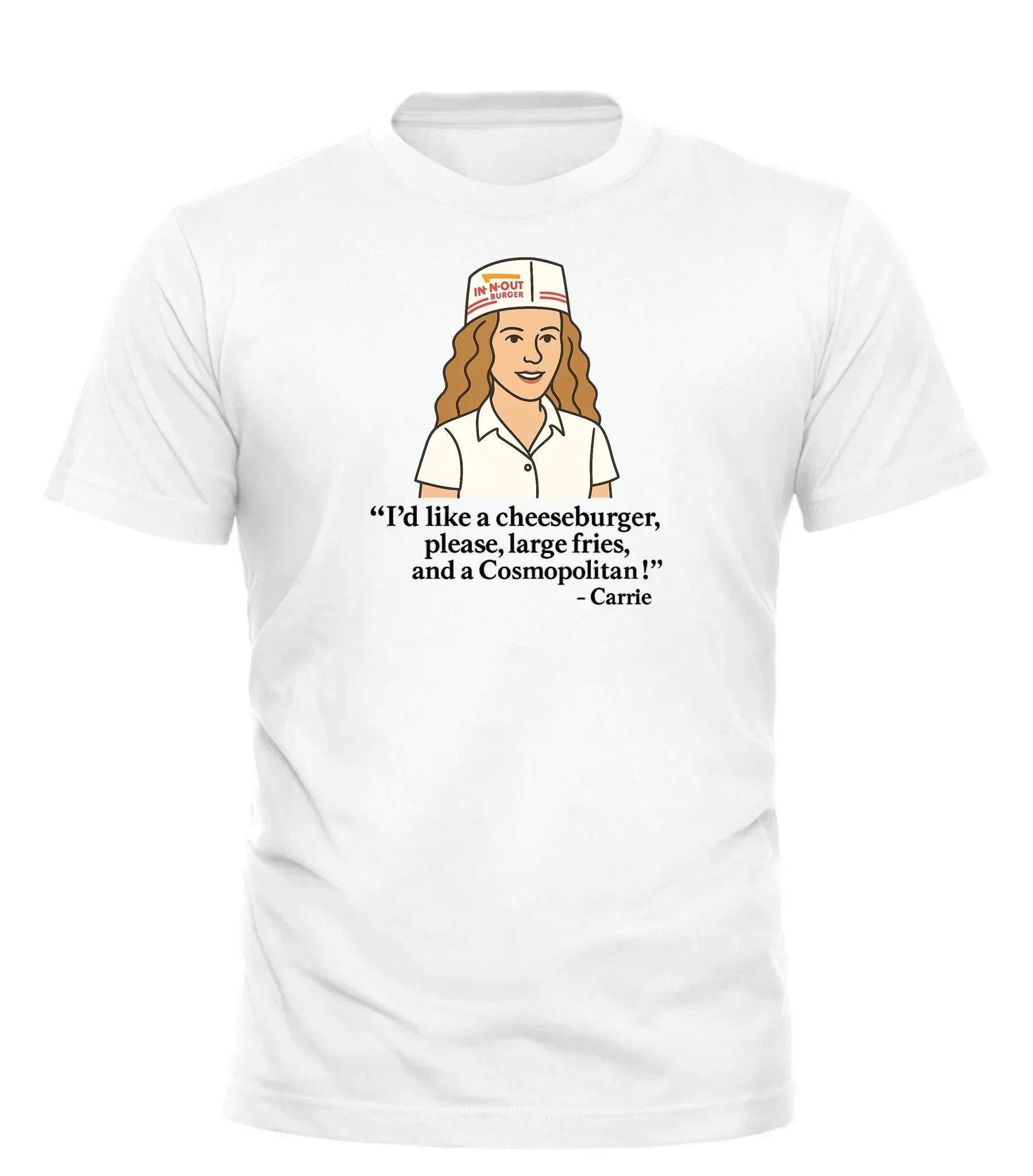 Cosmo Meal of Champs graphic tee featuring a character asking for a cheeseburger and a Cosmopolitan