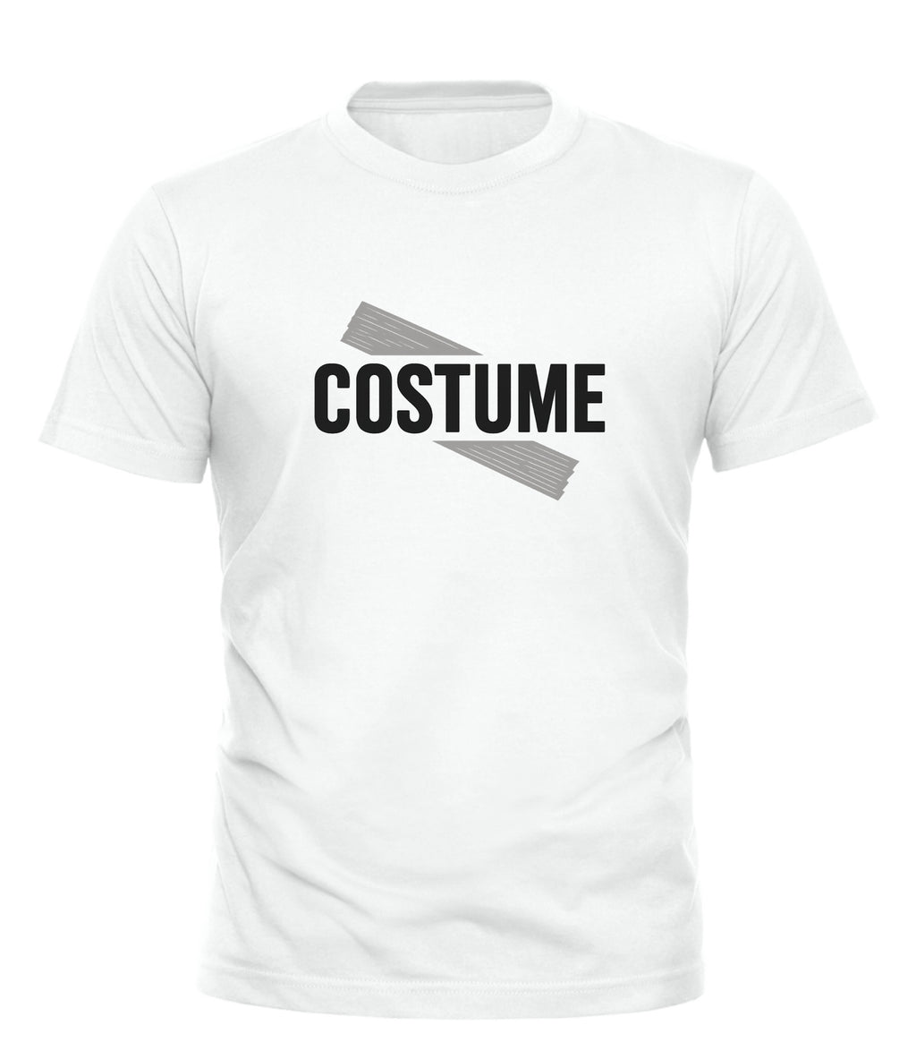 Good Trouble Garments white costume under repair shirt with bold black text and gray tape graphic