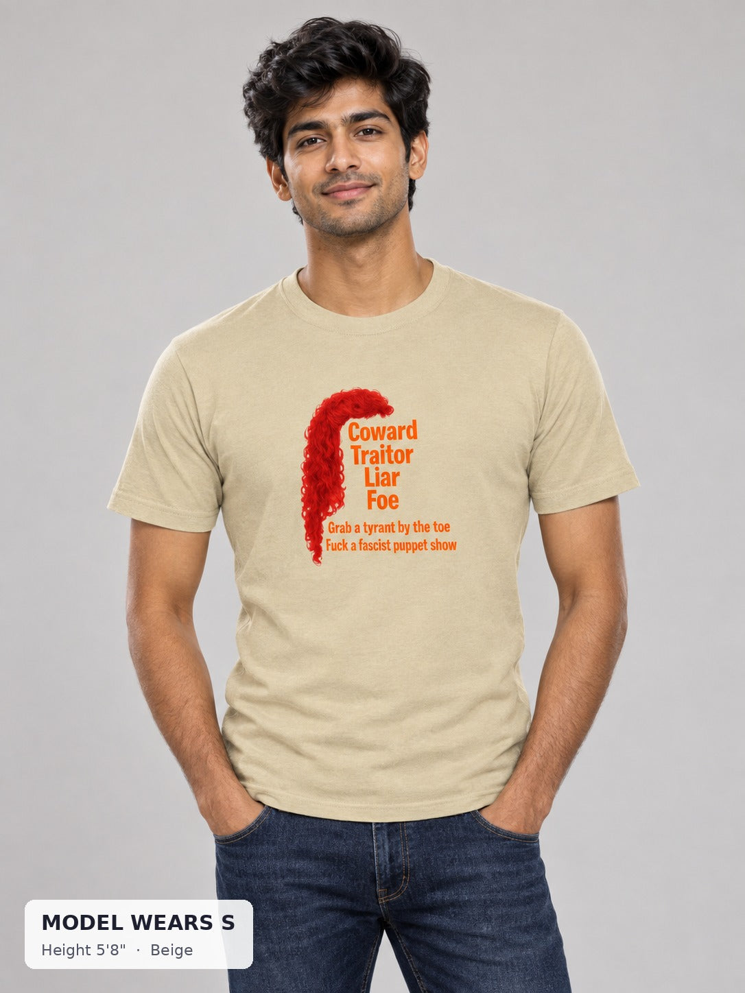 Coward. Traitor. Liar. Foe. Trump Protest Tee in Beige on a slim model wearing size S, 5'8" - Good Trouble Fashion