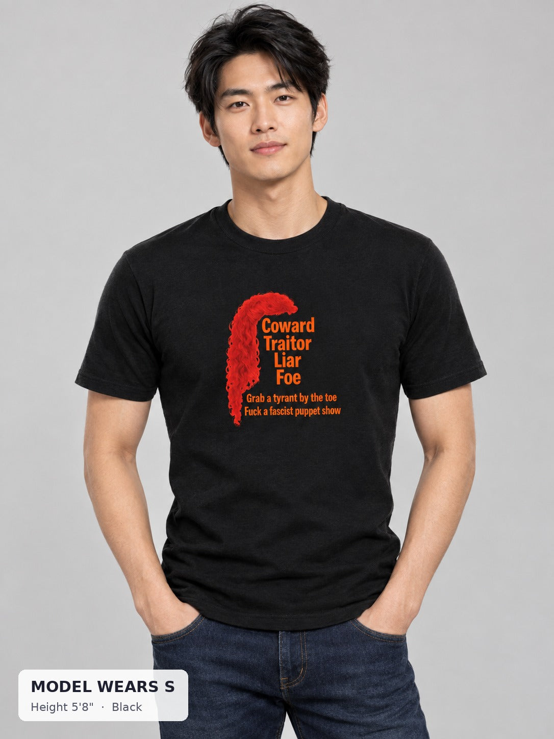 Coward. Traitor. Liar. Foe. Trump Protest Tee in Black on a slim model wearing size S, 5'8" - Good Trouble Fashion
