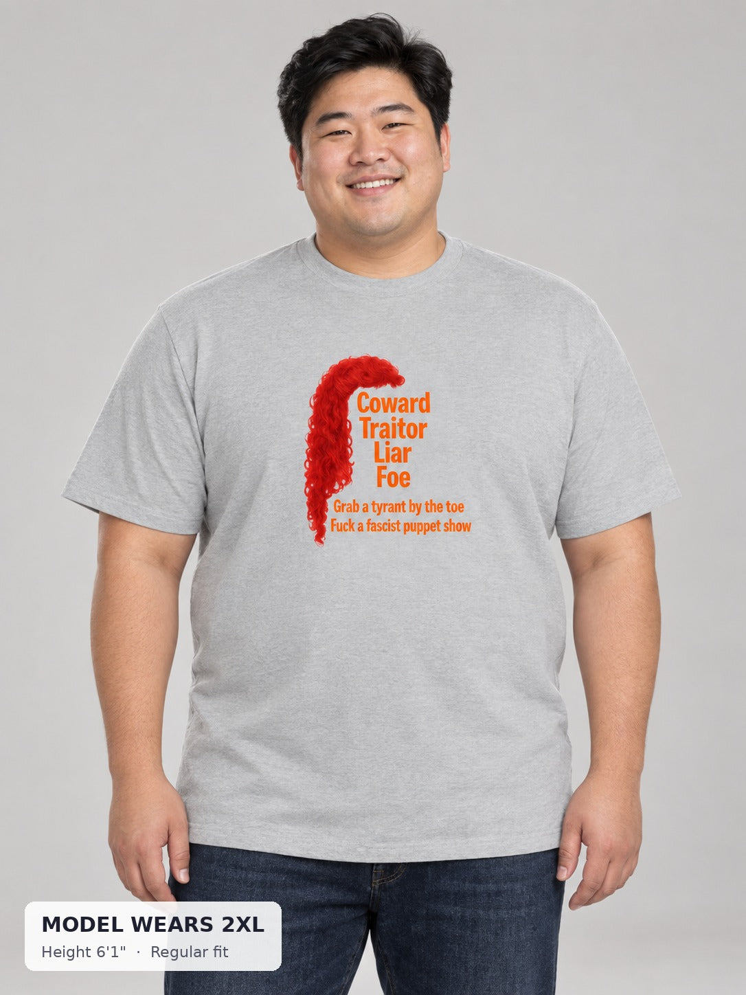 Coward. Traitor. Liar. Foe. Trump Protest Tee on a plus-size model wearing size 2XL, 6'1" - Good Trouble Fashion