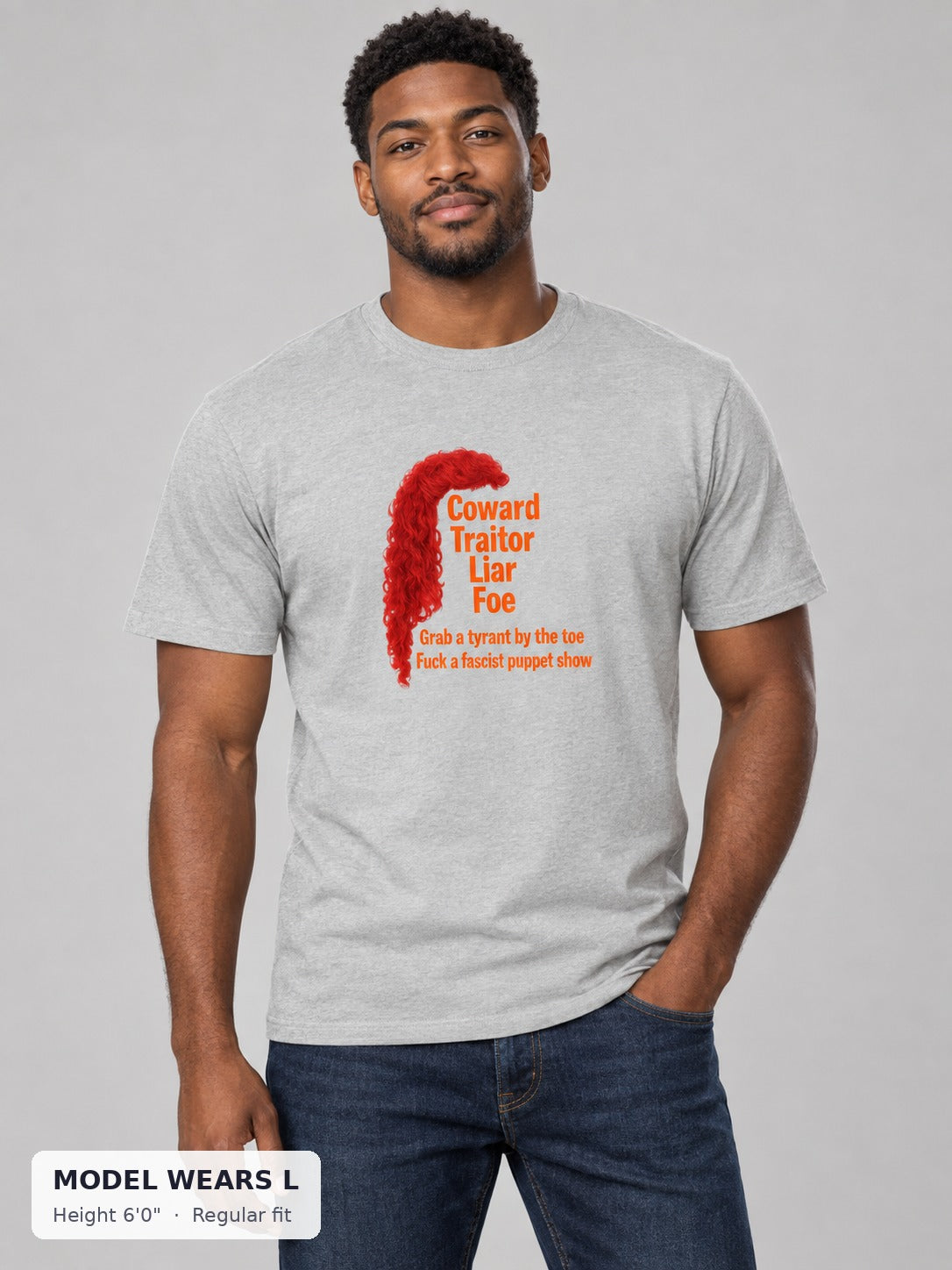 Coward. Traitor. Liar. Foe. Trump Protest Tee on an athletic model wearing size L, 6'0" - Good Trouble Fashion