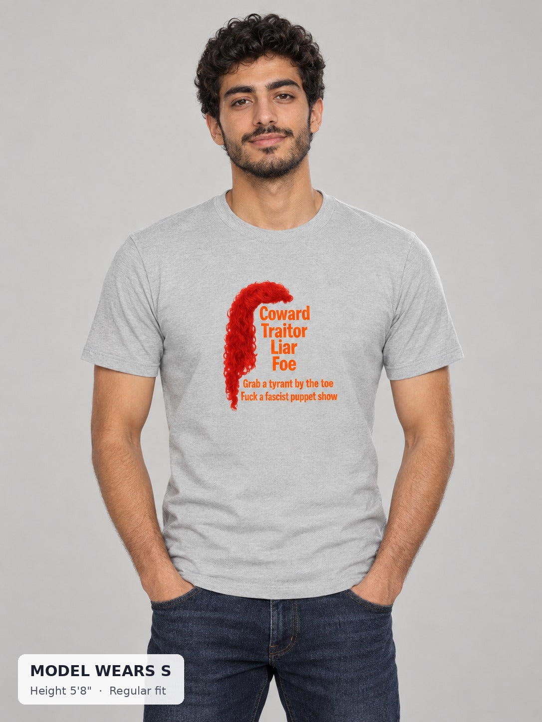 Coward. Traitor. Liar. Foe. Trump Protest Tee on a slim model wearing size S, 5'8" - Good Trouble Fashion